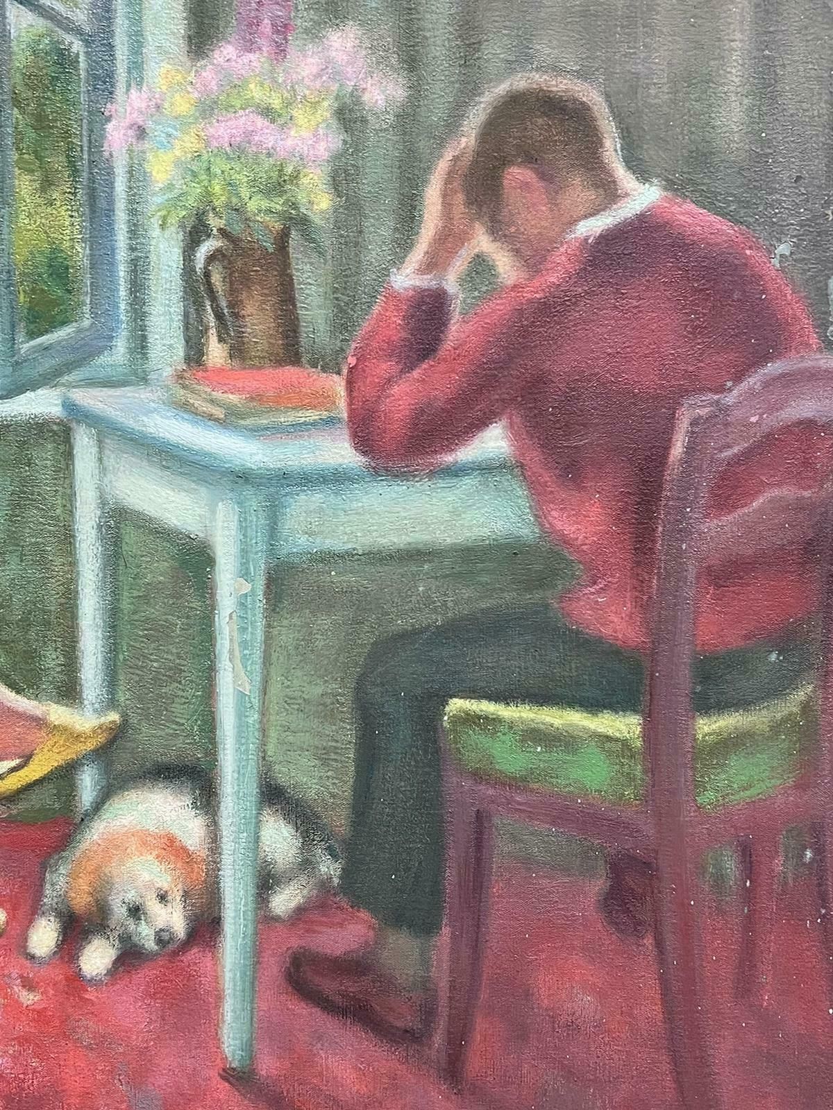 Jacob Markiellarge French/ Polish Modernist Oil Painting Interior Room Figures Reading & Dog photo Art