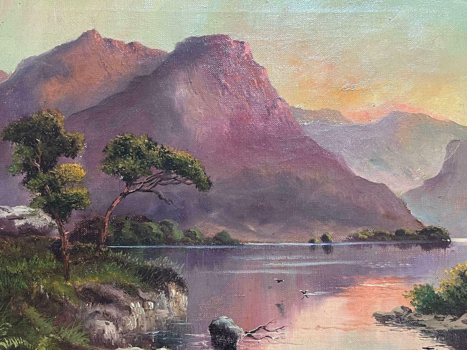 Jack M. Duckerloch Awe Scottish Highlands Pink Sunset Over Mountains & Loch Antique Oil photo 1379.0
