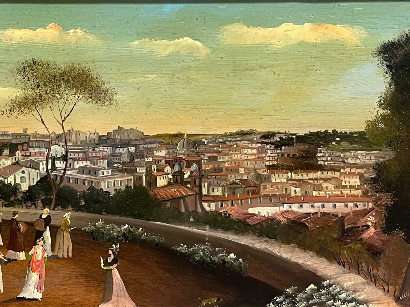 Italian Schoolelegant Figures Promenading In Park Overlooking City Of Florence Skyline, Signed photo vinterior