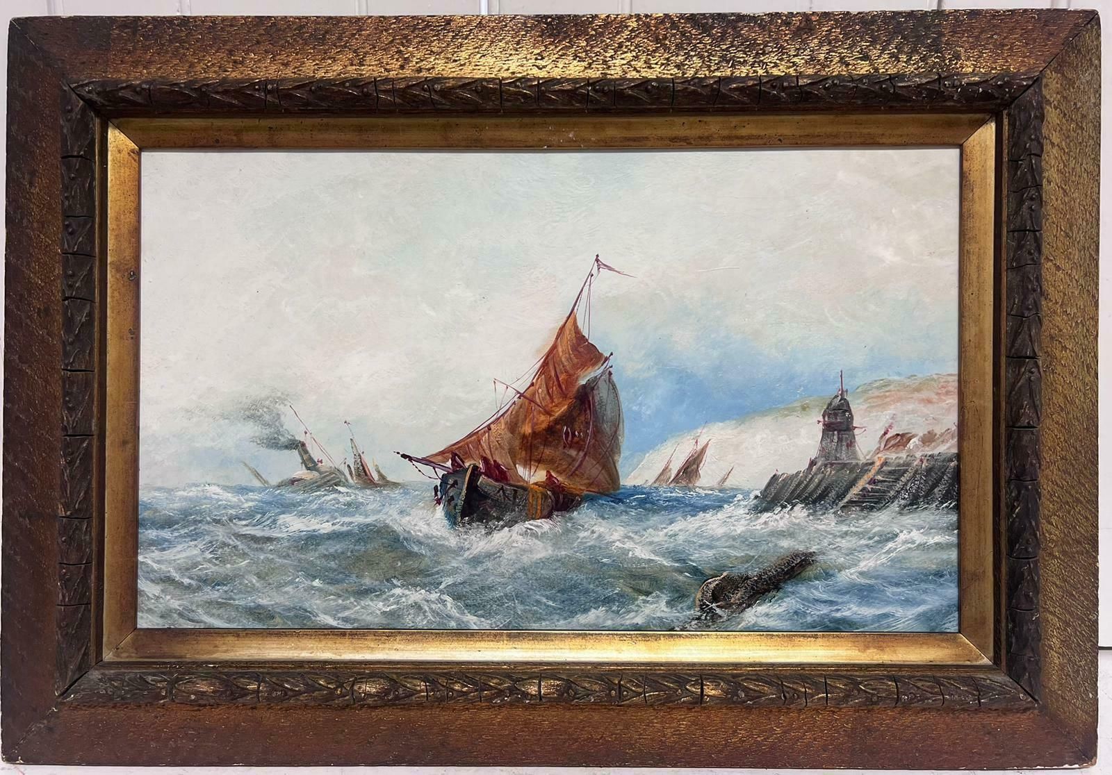 19th Century English School.Antique English Marine Oil Painting Shipping In Rough Seas Off Harbor Coast photo furniture