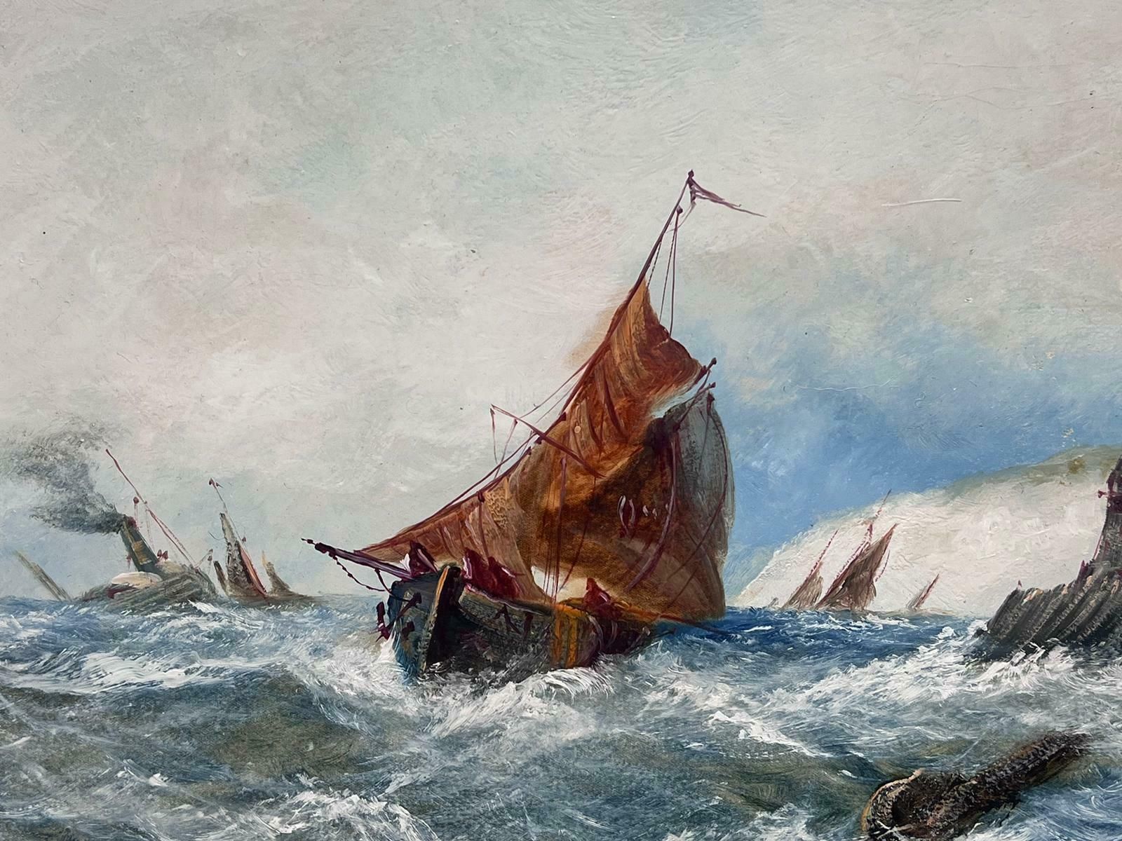 19th Century English School.Antique English Marine Oil Painting Shipping In Rough Seas Off Harbor Coast photo vinterior