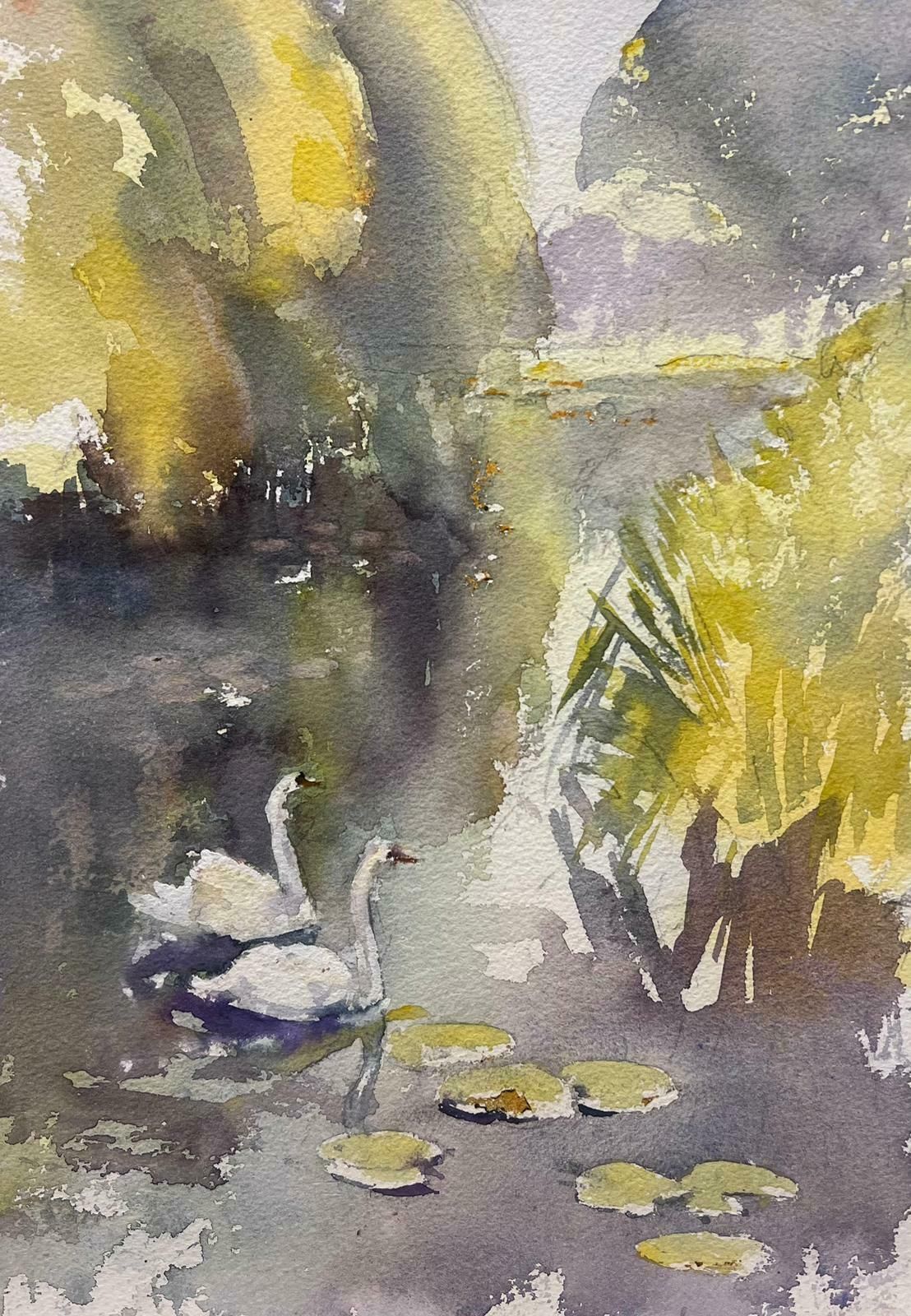 Anthony Averybritish Original Impressionist Watercolor Swans In Grey Lily Pad Stream