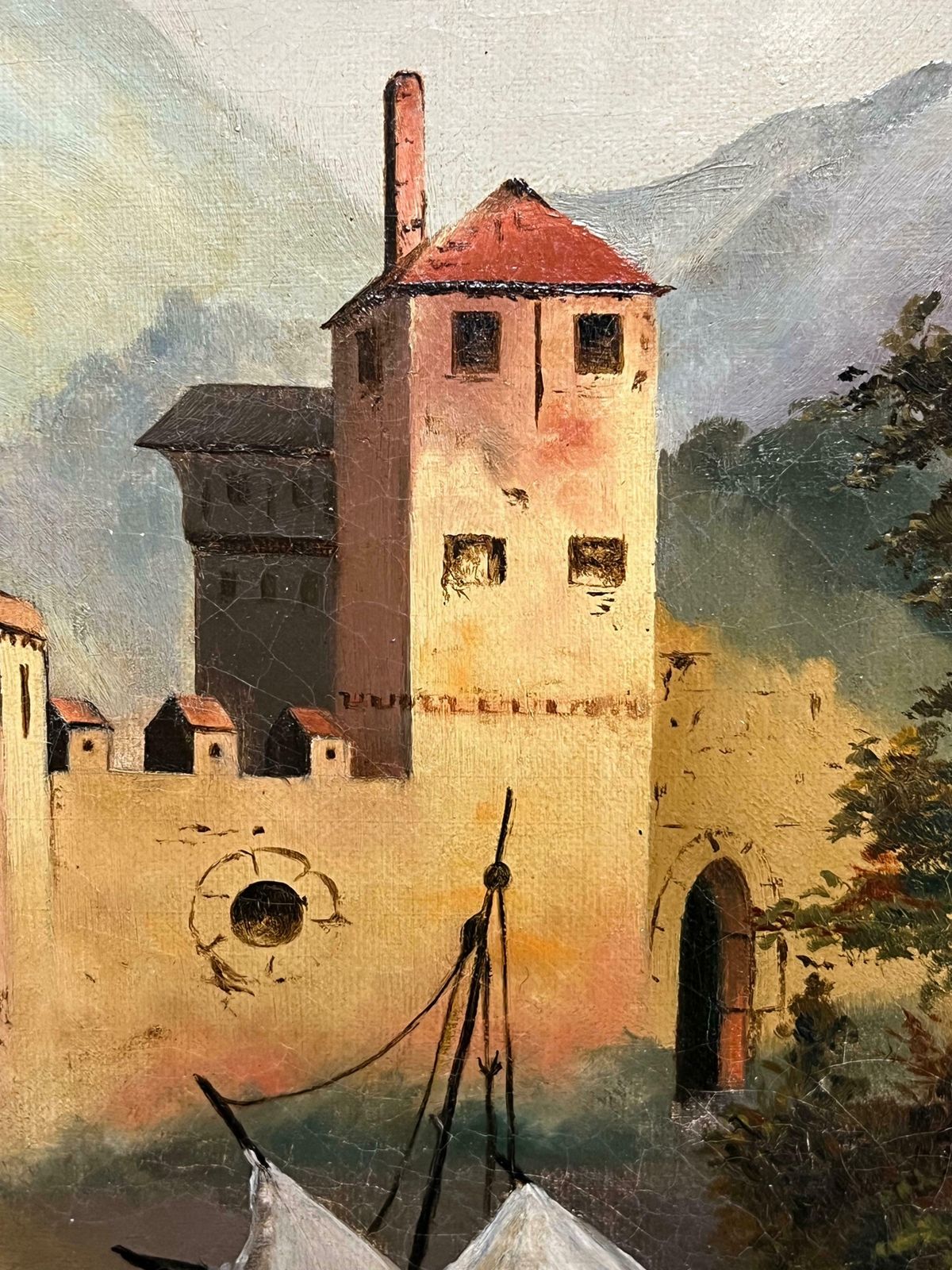 French School19th Century French Oil Painting Old Chateau Castles On Lake Side Town19th Century photo Art