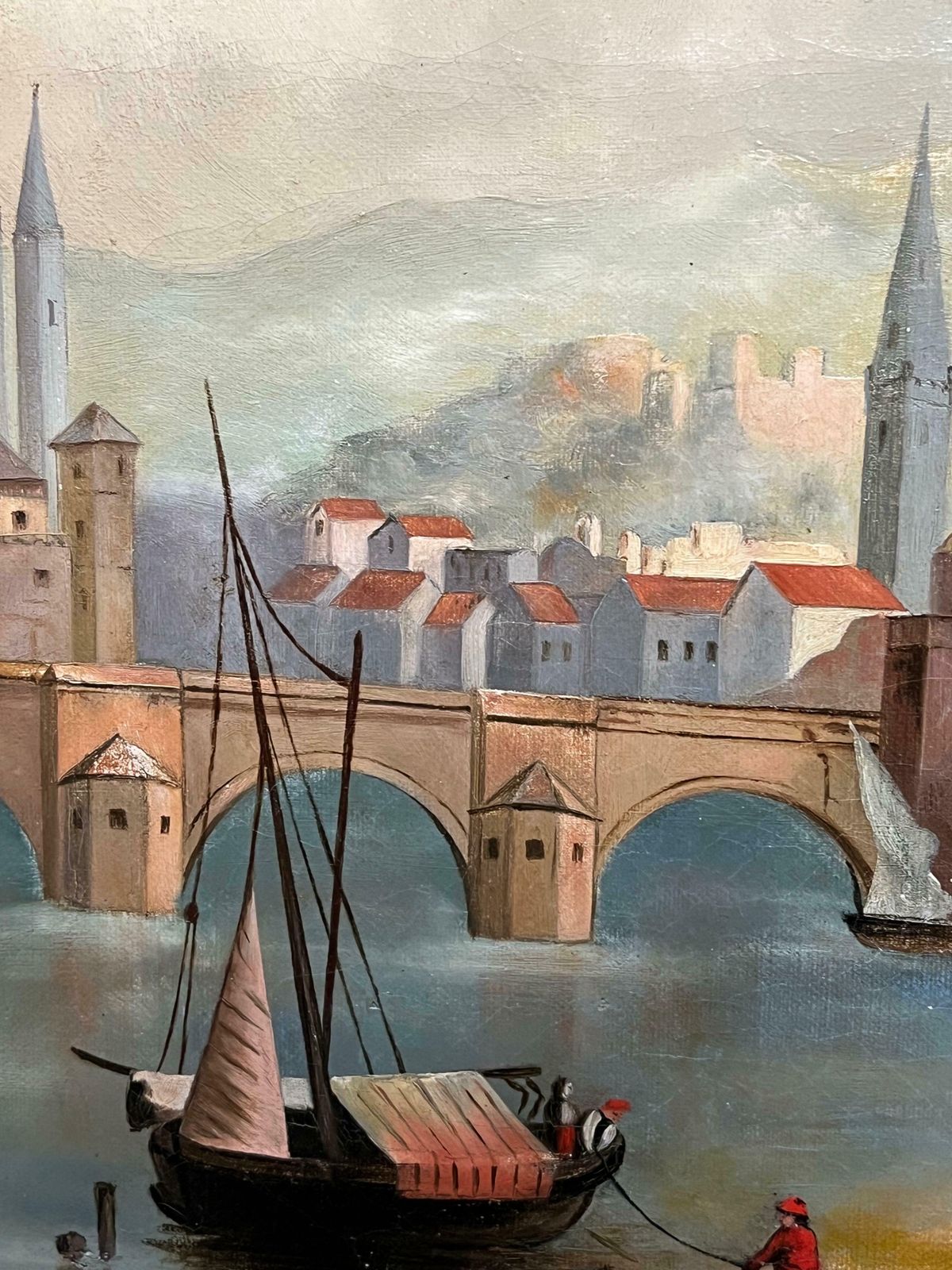 French School19th Century French Oil Painting Old Chateau Castles On Lake Side Town19th Century photo buy
