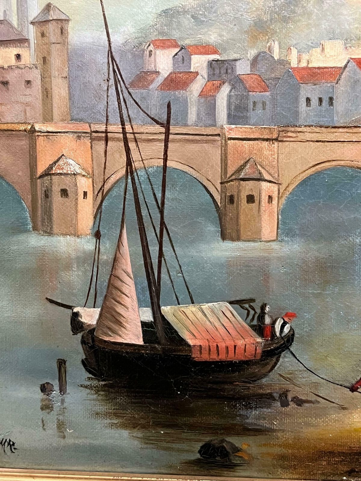 French School19th Century French Oil Painting Old Chateau Castles On Lake Side Town19th Century photo vintage