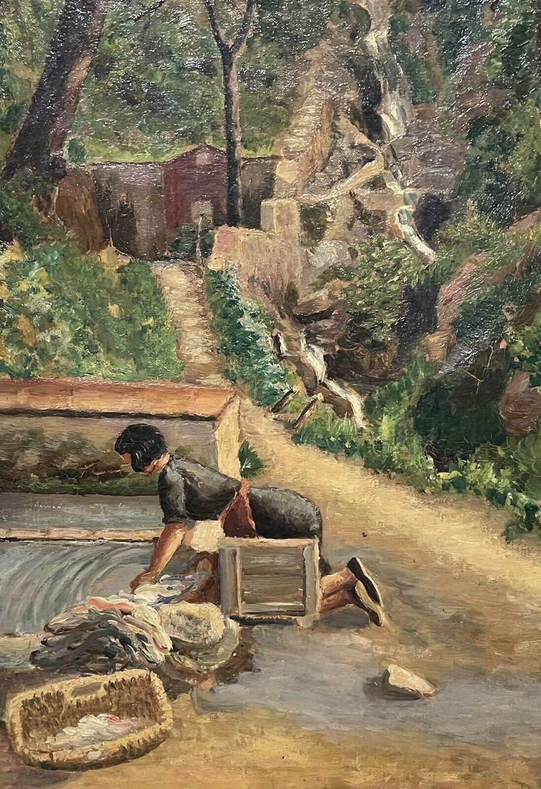 French Artist1930's French Impressionist Signed Oil   La Lavandiere Village Stream & Woodland photo Art