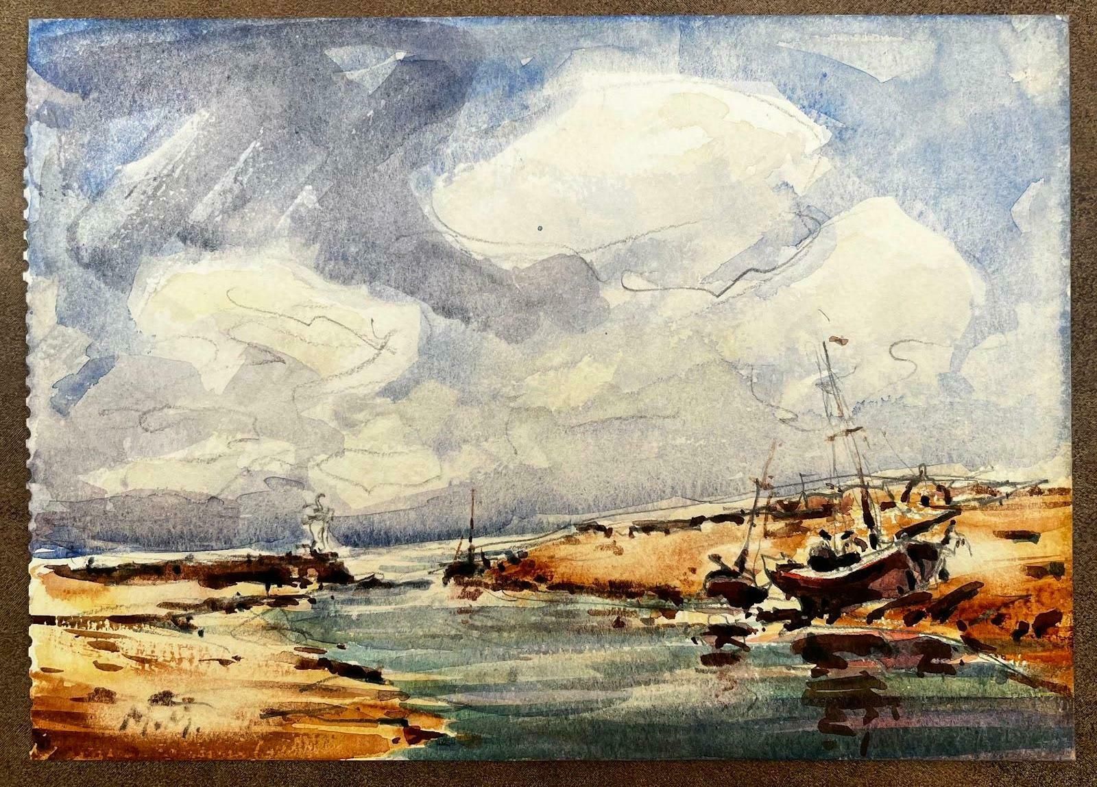French Impressionist Landscape   Sailboats In A Bay Awaiting The Incoming Tide20th Century