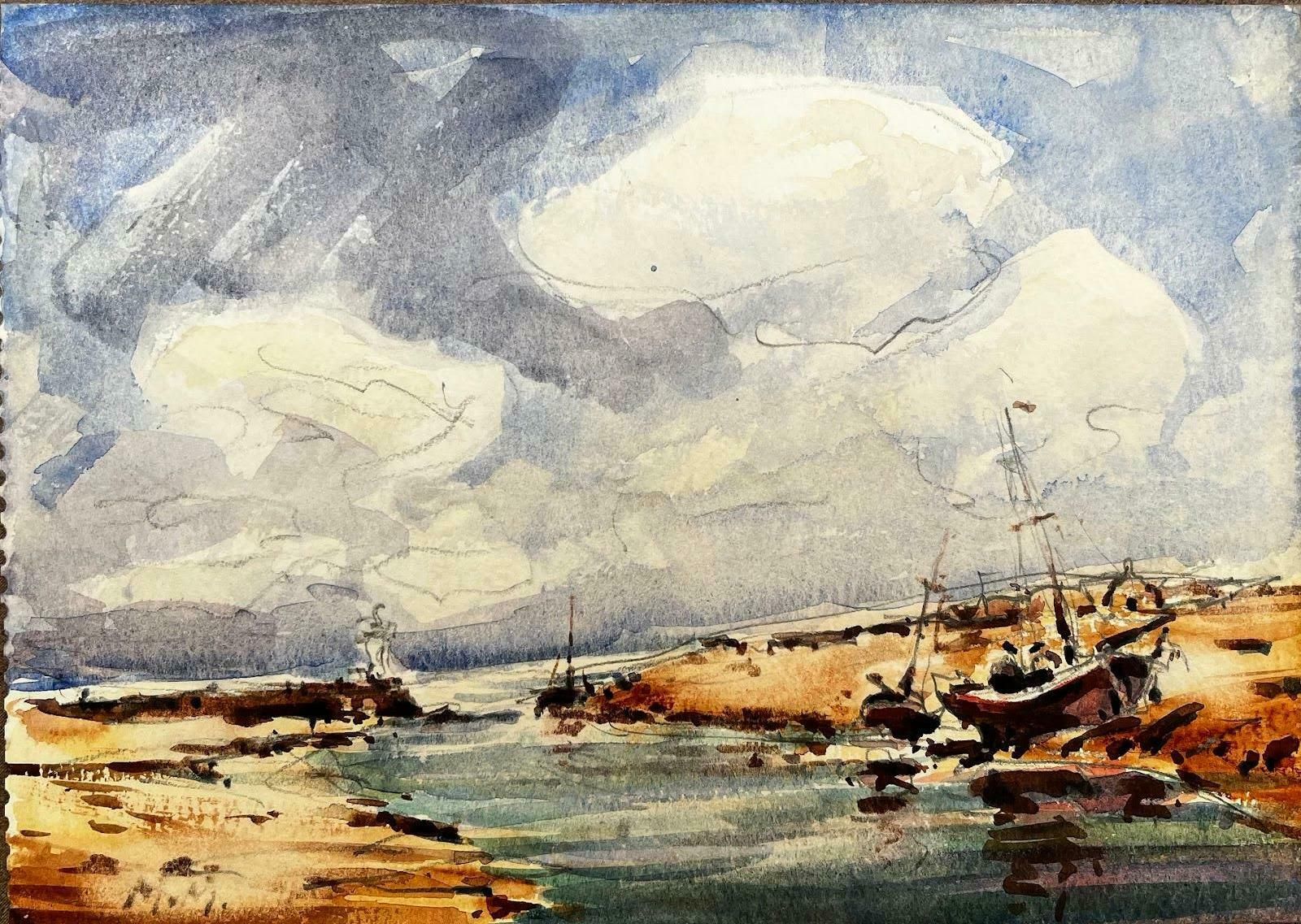 French Impressionist Landscape   Sailboats In A Bay Awaiting The Incoming Tide20th Century photo furniture