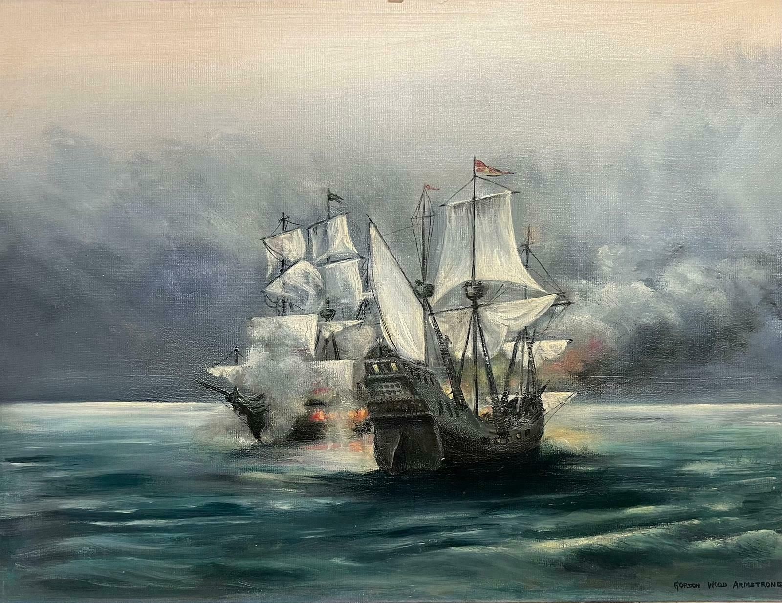 Gordon Wood Armstrongbattle Ships At Sea Naval Engagement Signed British Oil Painting
