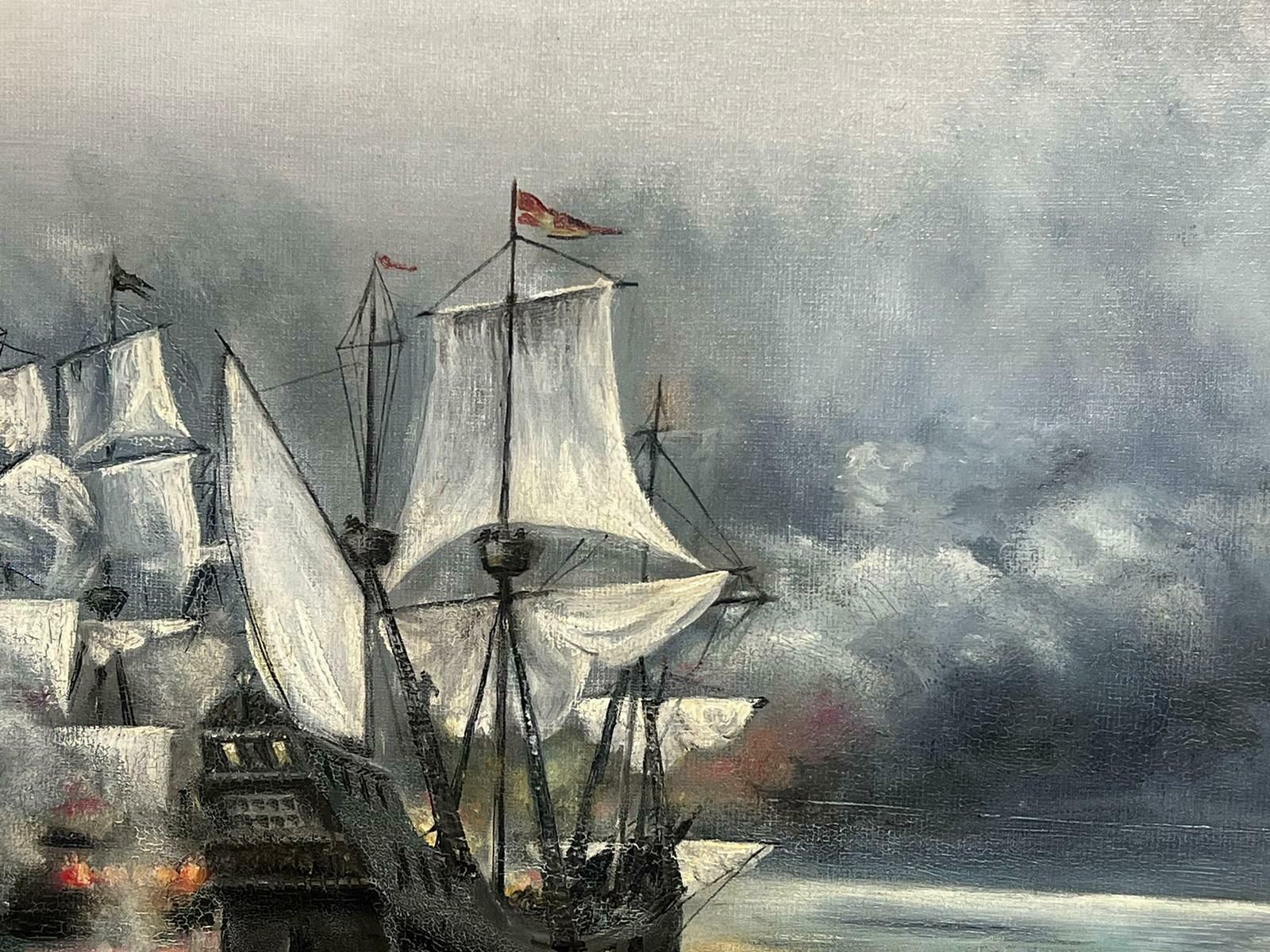 Gordon Wood Armstrongbattle Ships At Sea Naval Engagement Signed British Oil Painting photo Art