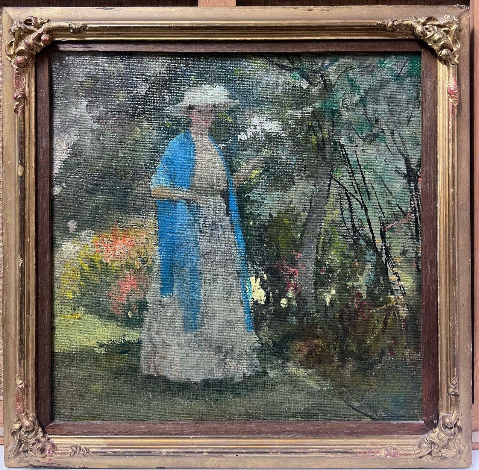 French School Nabis School Early 1900s French Oil Painting Lady In Blue Scarf In Floral Garden1900's photo furniture