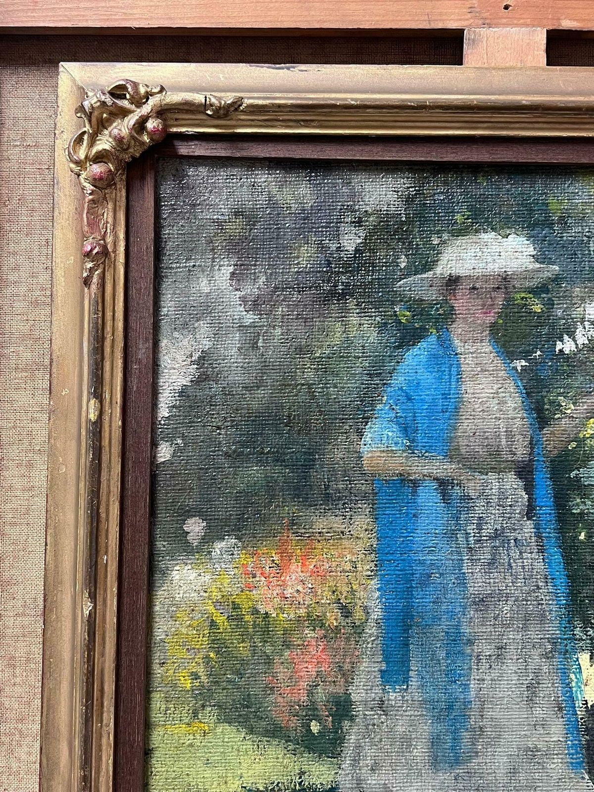 French School Nabis School Early 1900s French Oil Painting Lady In Blue Scarf In Floral Garden1900's photo for sale