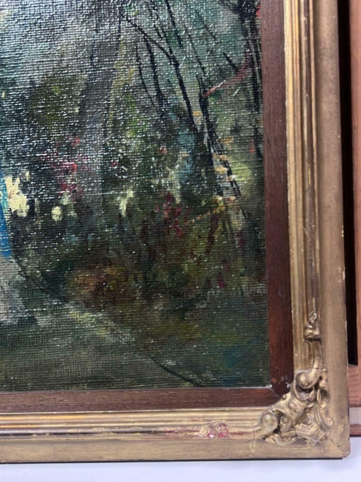 French School Nabis School Early 1900s French Oil Painting Lady In Blue Scarf In Floral Garden1900's photo Art
