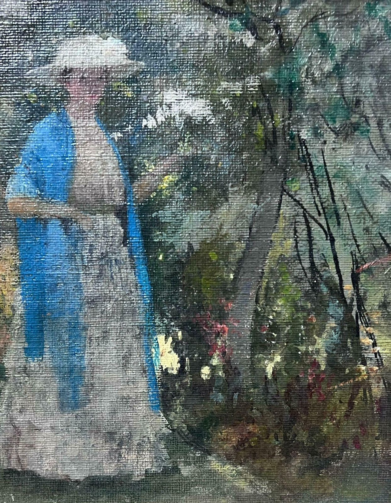 French School Nabis School Early 1900s French Oil Painting Lady In Blue Scarf In Floral Garden1900's photo 1430.0