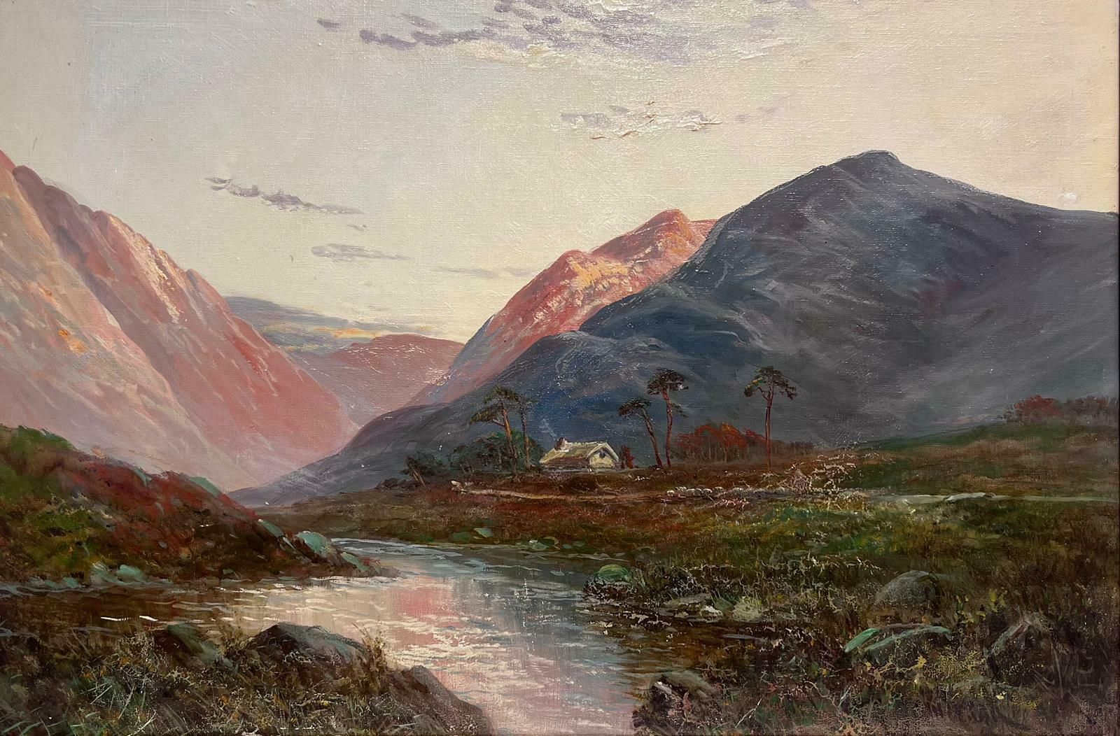 F. E. Jamiesonantique Scottish Highlands Signed Oil Painting Romantic Sunset Cottage Glen