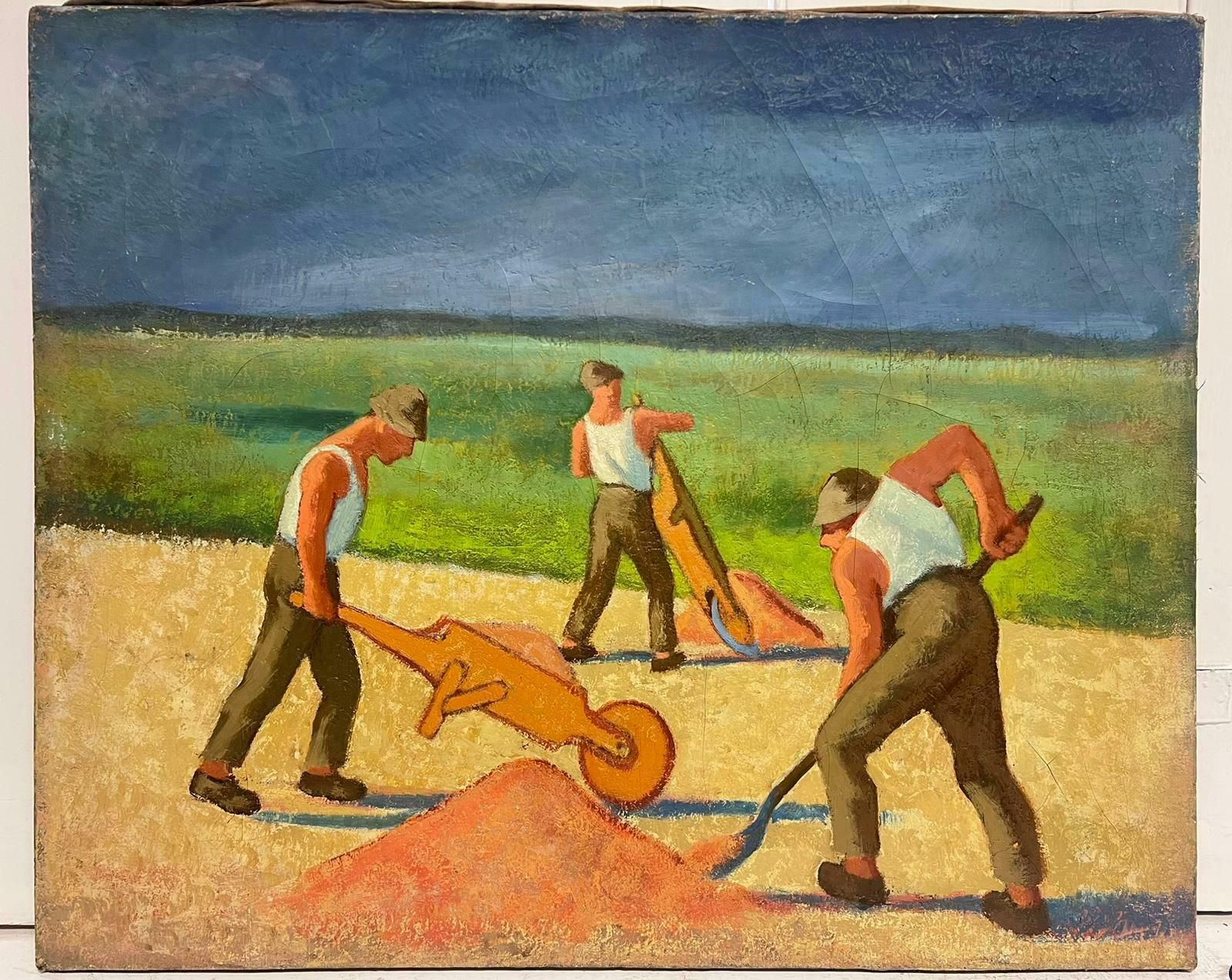 French School 1950's French Modernist Oil Men Manual Labour Working In Field With Wheelbarrows1950's photo furniture