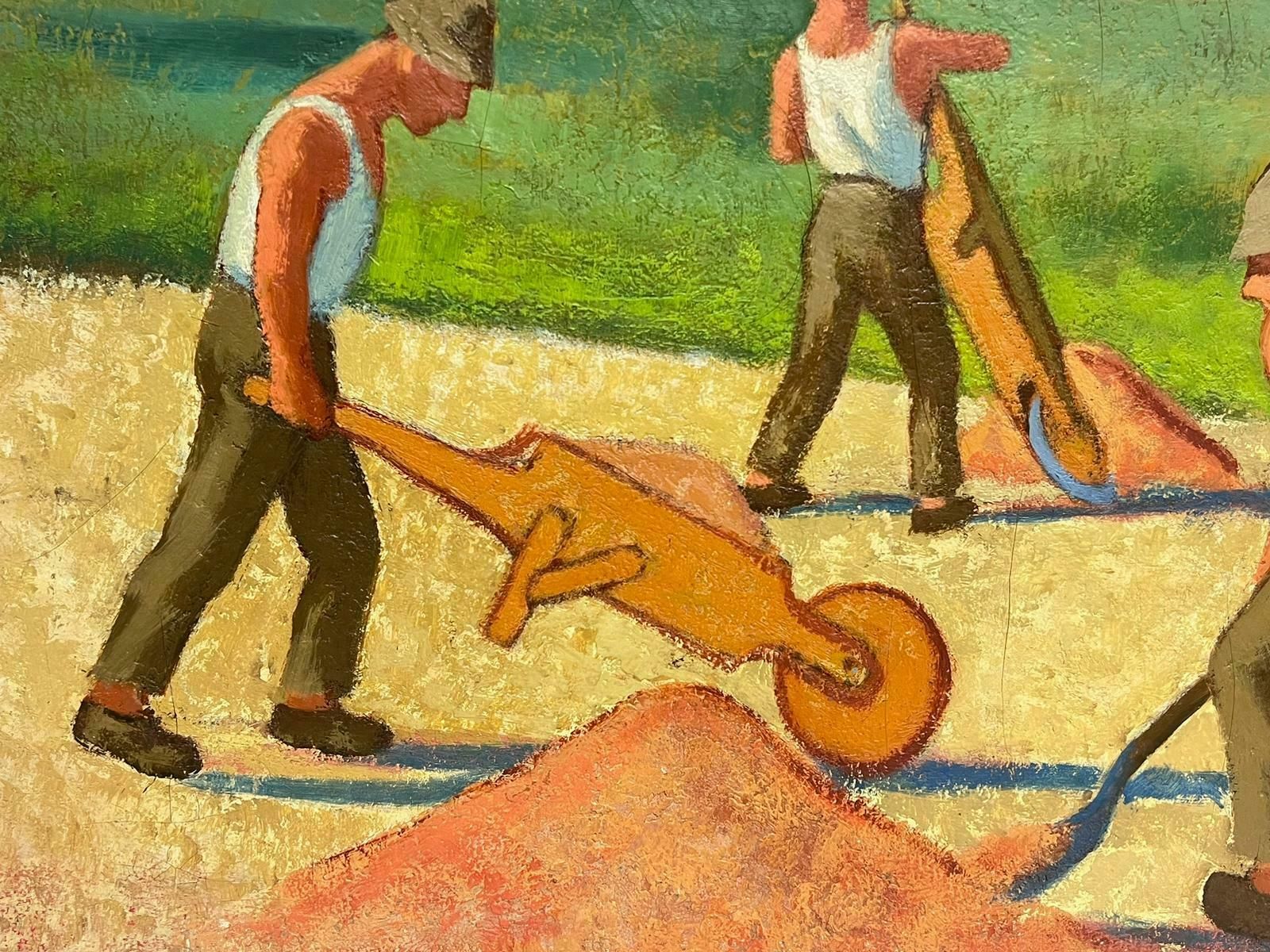 French School 1950's French Modernist Oil Men Manual Labour Working In Field With Wheelbarrows1950's photo Art