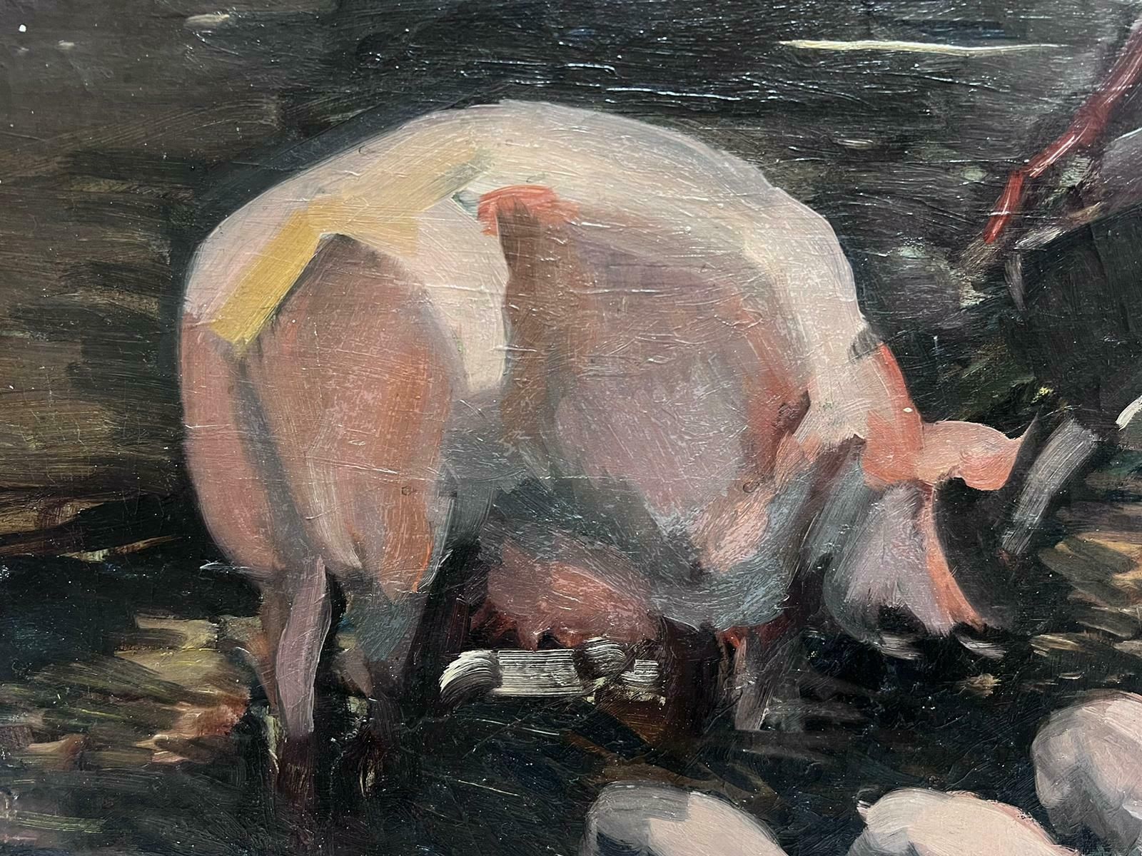 Sunderland Rollinson1930's English Impressionist Oil Painting Farmer Feeding Pigs In Sty Large Work1930's photo Art