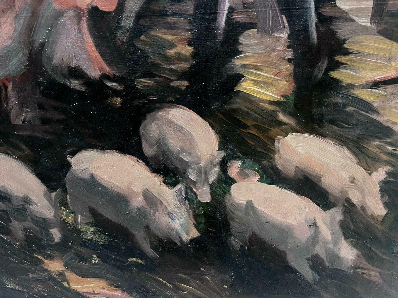 Sunderland Rollinson1930's English Impressionist Oil Painting Farmer Feeding Pigs In Sty Large Work1930's photo 1414.0