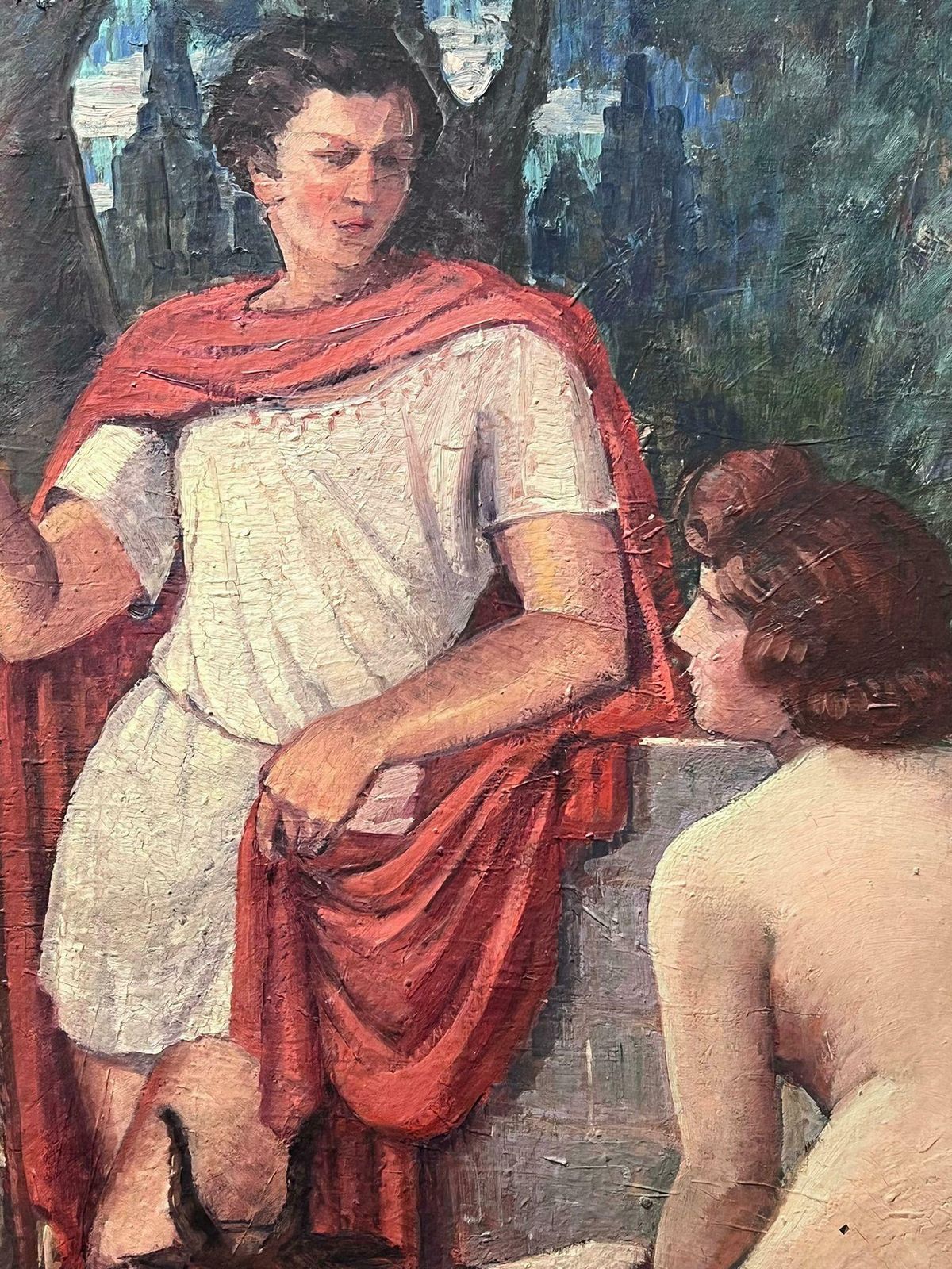 Italian Schoolhuge 1900's Italian Impressionist Signed Oil Painting Shepherd Talking To Nude photo Art