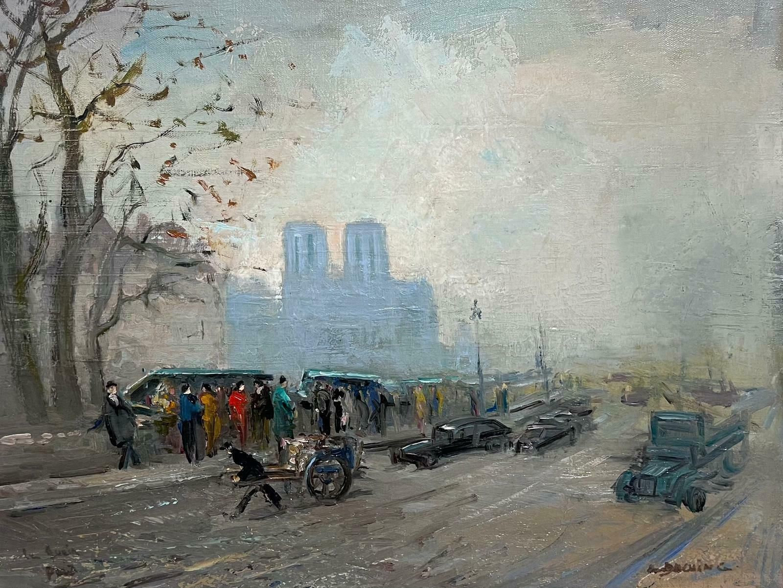 French School1950's Moody Paris Oil City Skyline Notre Dame & Bouquinistes River Seine Banks1950's photo furniture