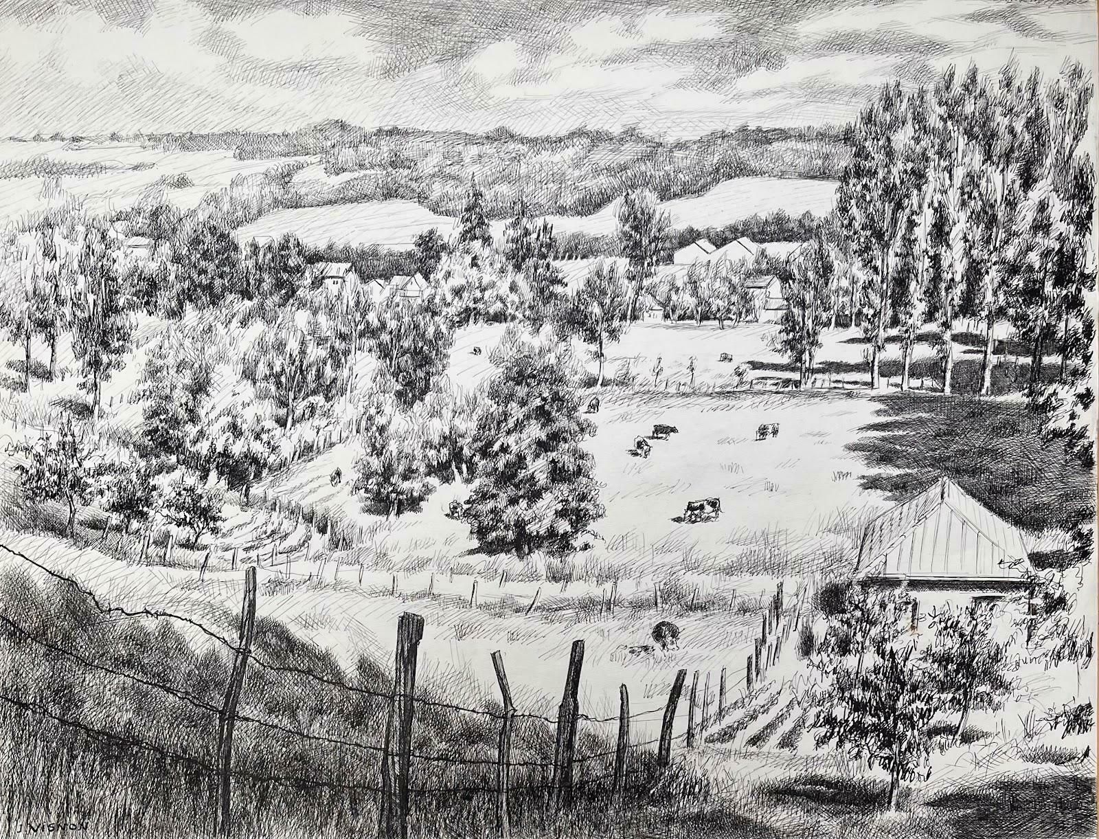 Josine Vignonmid Century French Original Ink Drawing Of A Rural Landscape With Cows1950's photo furniture