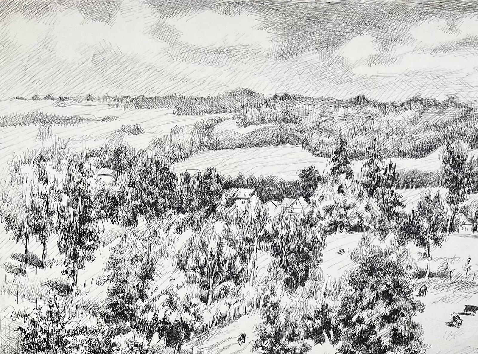 Josine Vignonmid Century French Original Ink Drawing Of A Rural Landscape With Cows1950's photo for sale
