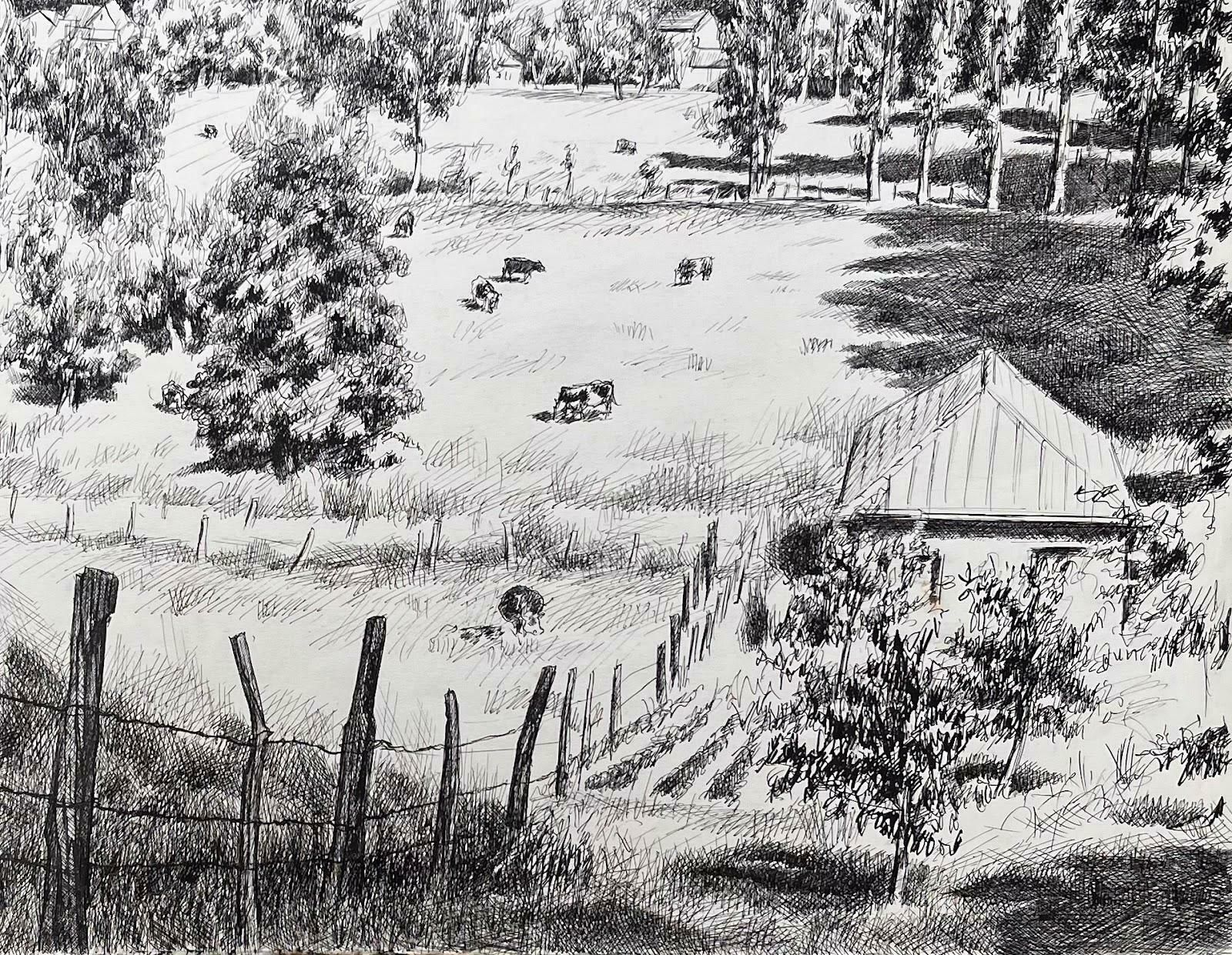 Josine Vignonmid Century French Original Ink Drawing Of A Rural Landscape With Cows1950's photo Art