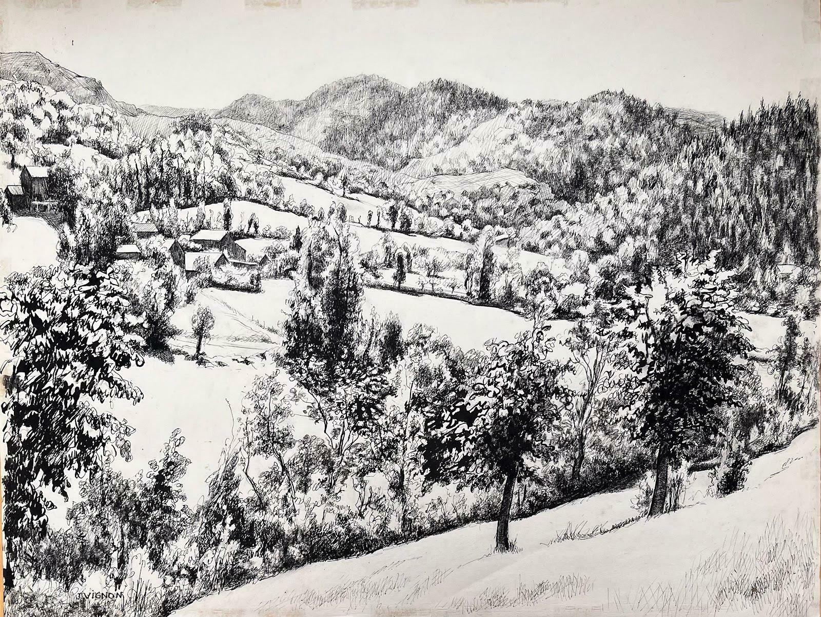 Josine Vignonmid Century French Original Ink Drawing Of A Hillside Village Landscape1950's photo furniture