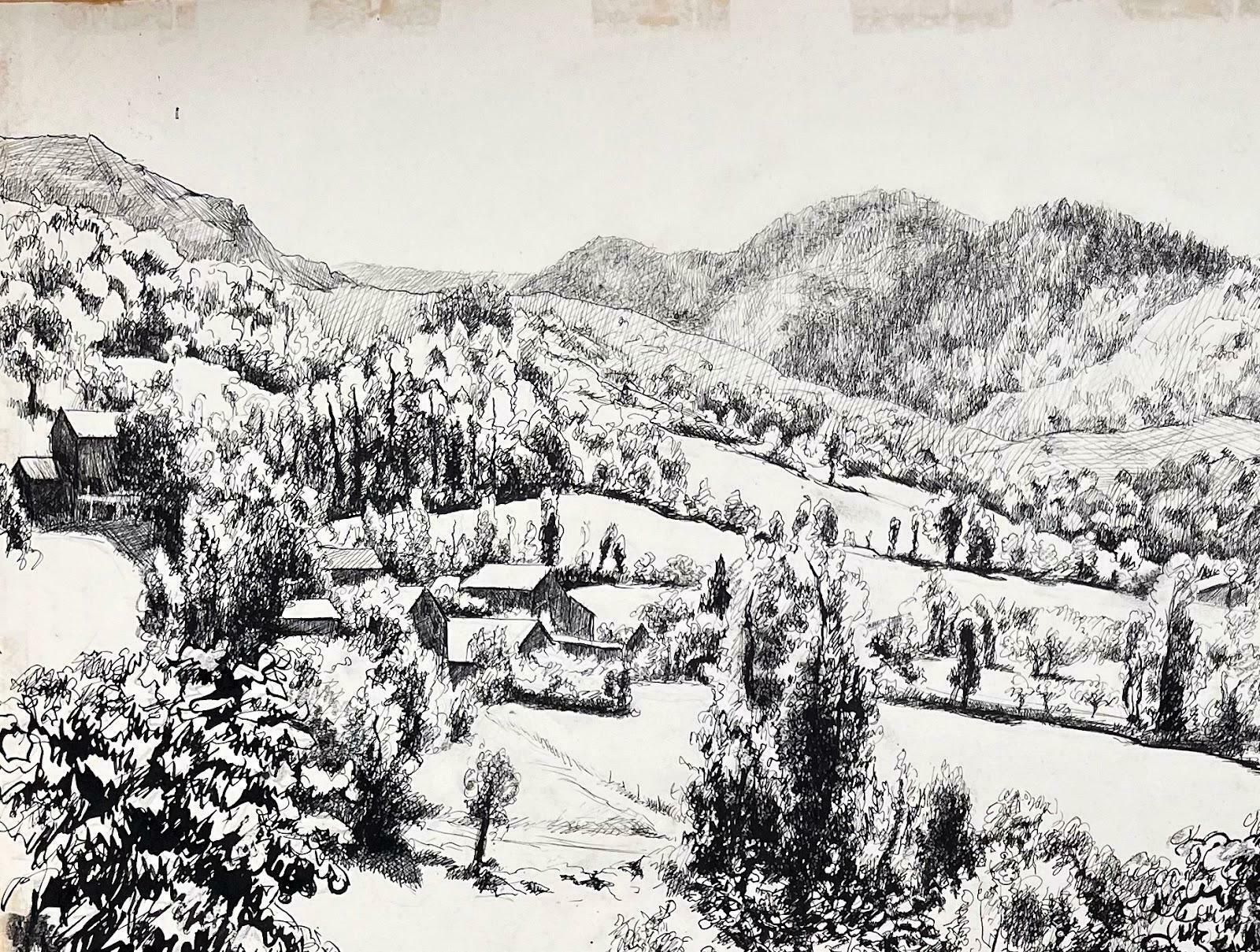 Josine Vignonmid Century French Original Ink Drawing Of A Hillside Village Landscape1950's photo for sale