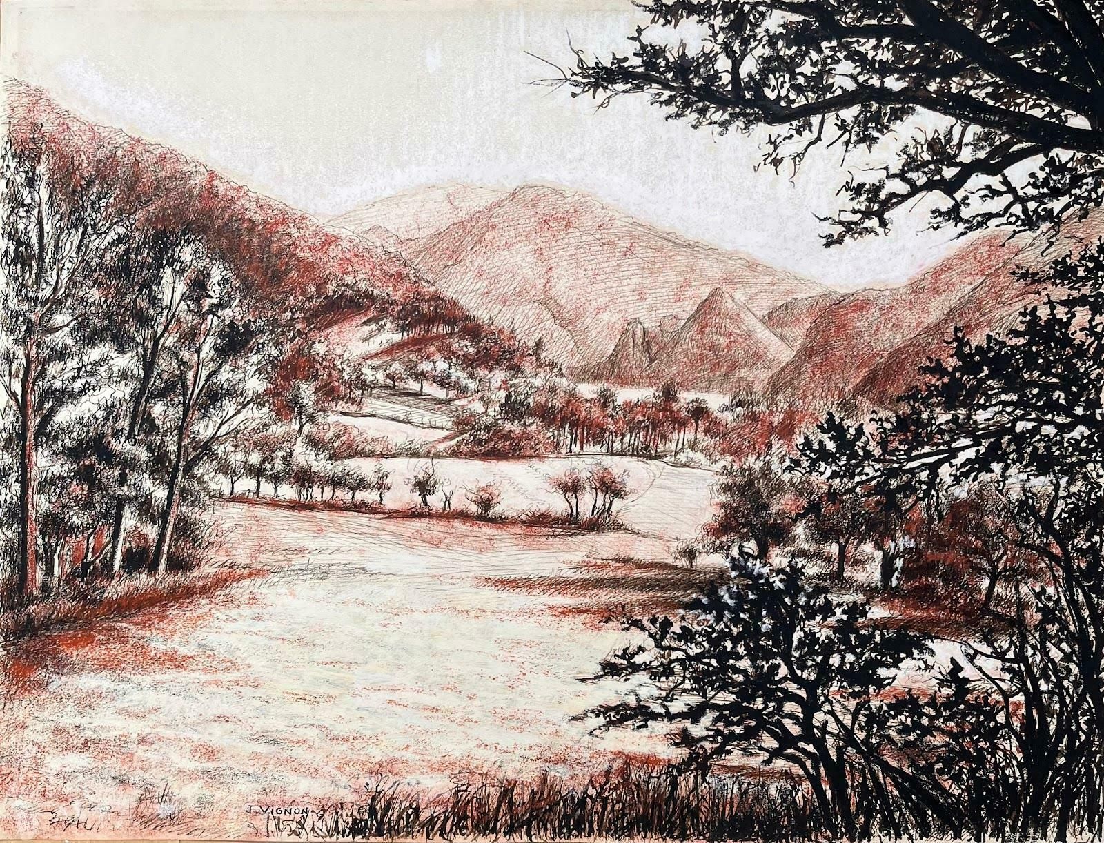 Josine Vignonmid Century French Original Pastel Drawing Of A Mountainous Landscape1950's photo furniture