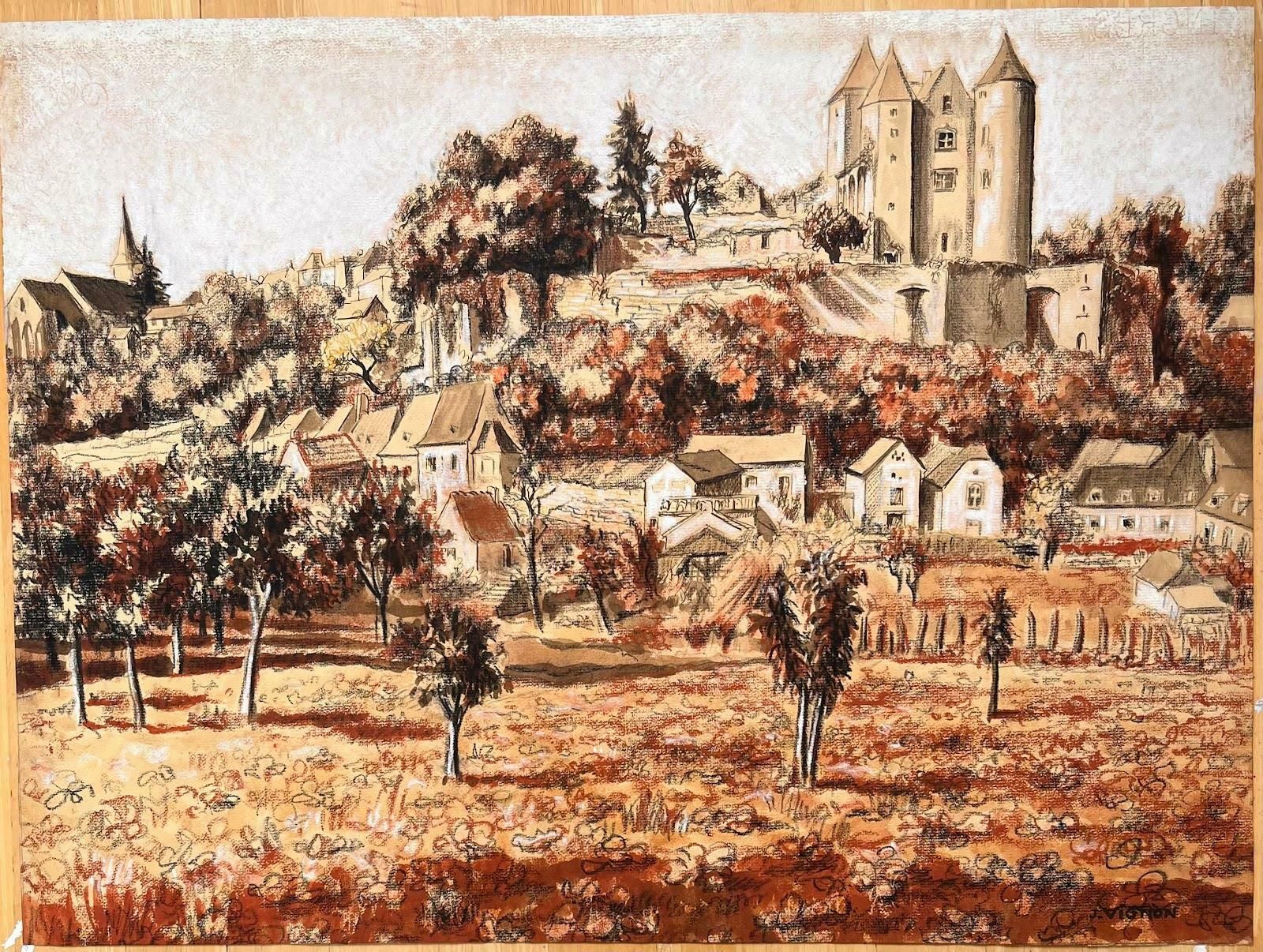 Josine Vignonmid Century French Original Pastel Painting Of A Village With A Castle1950's