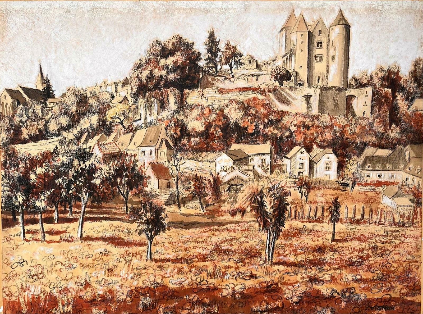 Josine Vignonmid Century French Original Pastel Painting Of A Village With A Castle1950's photo furniture