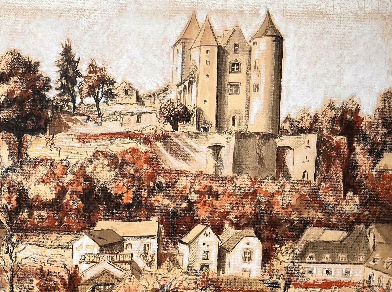 Josine Vignonmid Century French Original Pastel Painting Of A Village With A Castle1950's photo Art