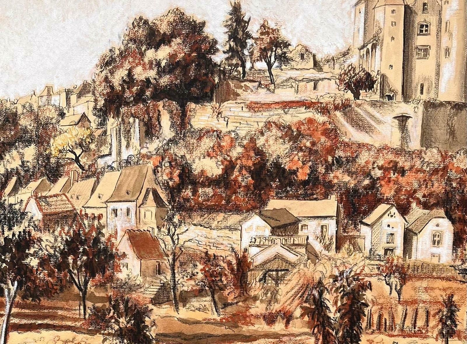 Josine Vignonmid Century French Original Pastel Painting Of A Village With A Castle1950's photo vinterior