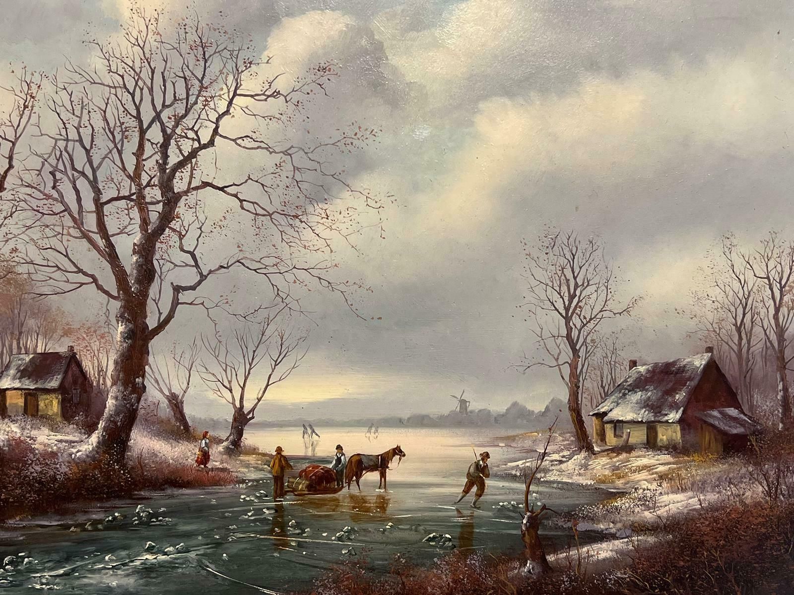 Dutch Schoolfigures Playing On The Ice Traditional Dutch Winter Scene Signed Oil Painting photo furniture