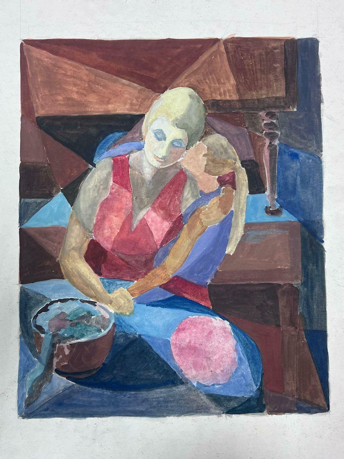 Guy Nicod 20th Century French Cubist Painting Portrait Of Mother & Daughter photo vinterior