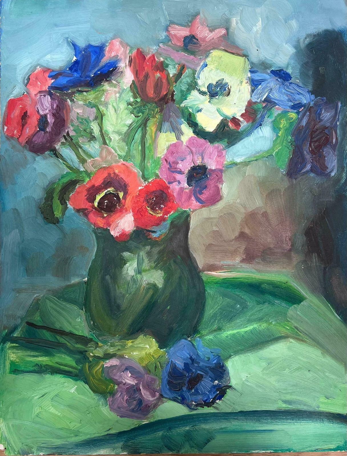 Guy Nicod1950s French Post Impressionist Painting Pretty Flowers In Vase Green Background