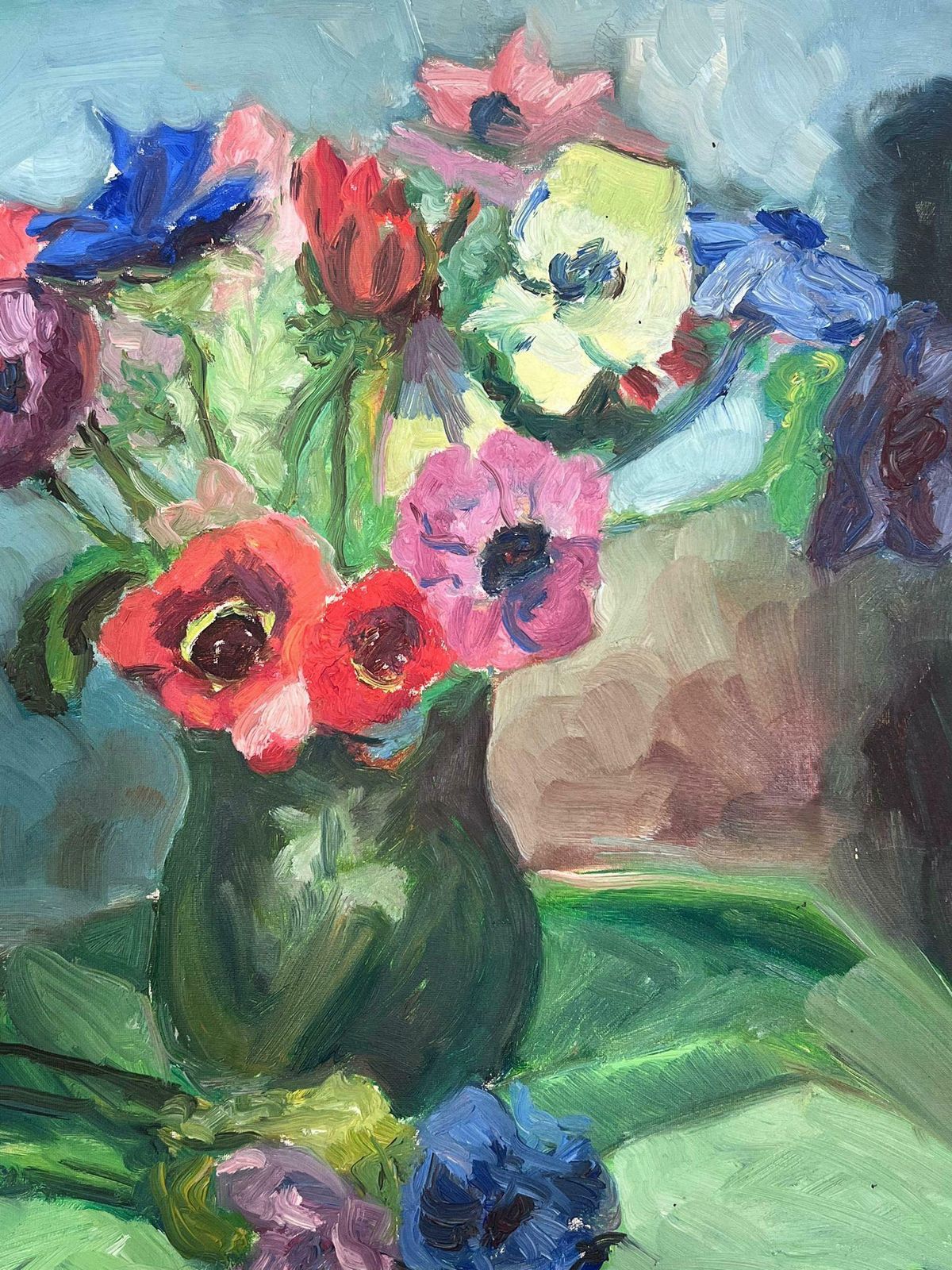 Guy Nicod1950s French Post Impressionist Painting Pretty Flowers In Vase Green Background photo furniture