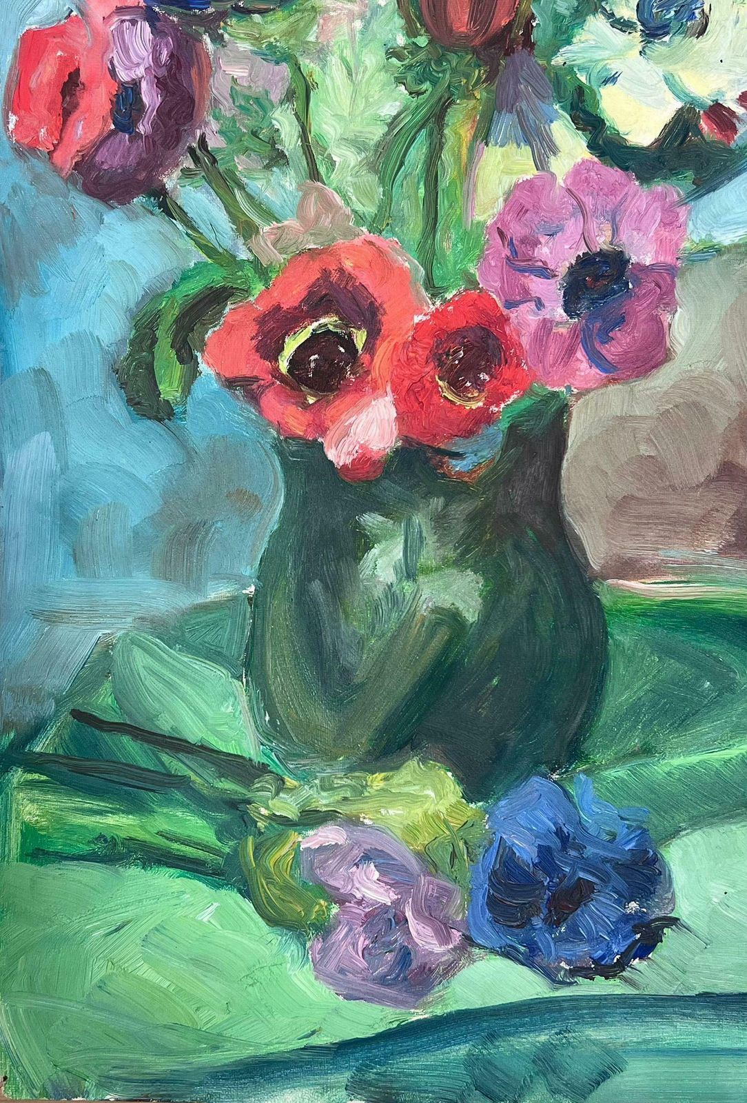Guy Nicod1950s French Post Impressionist Painting Pretty Flowers In Vase Green Background photo for sale