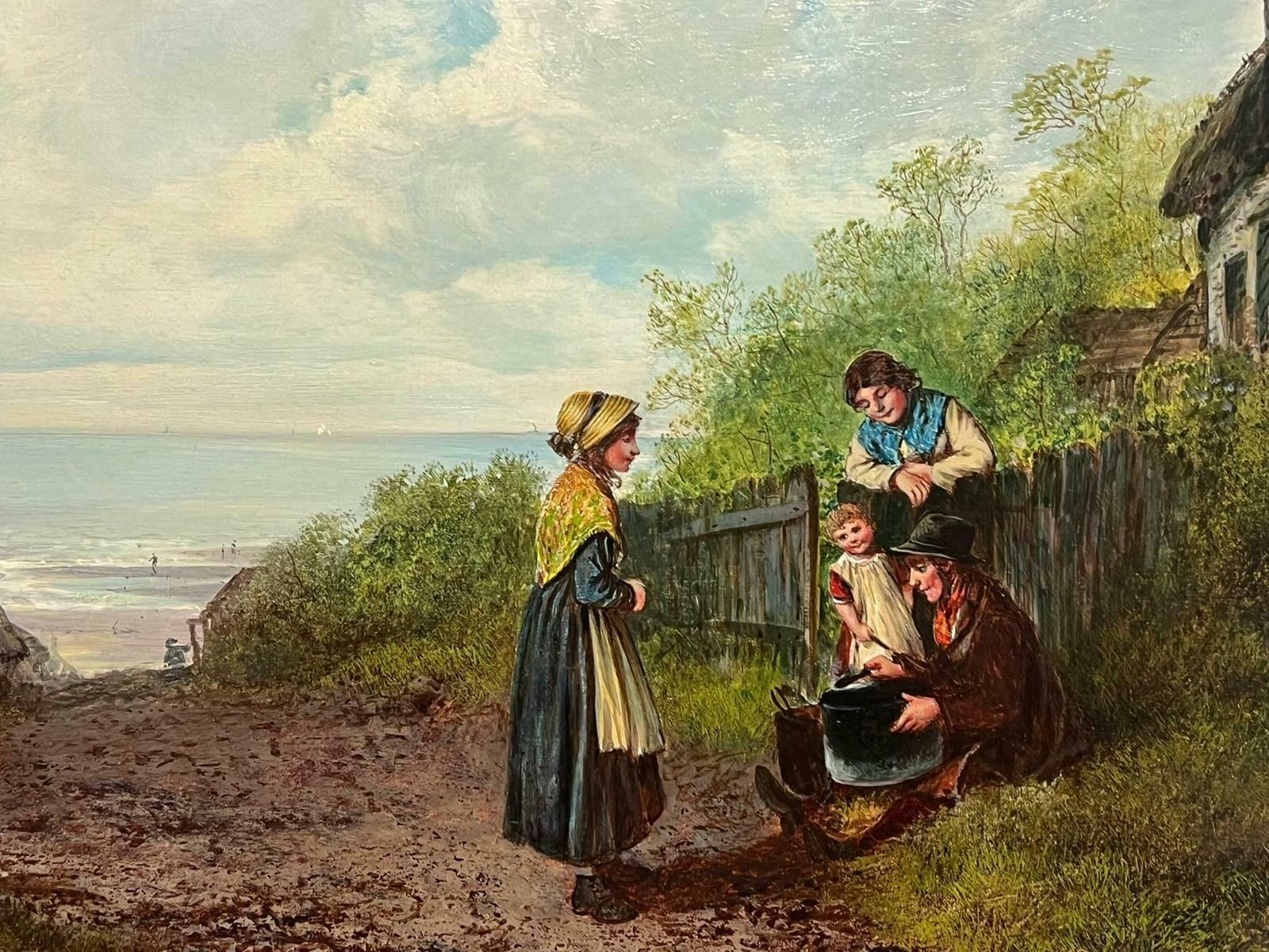 Victorian School19th Century Cornish/ Devon Fishing Cottages & Family Coastal Landscape Oil photo for sale