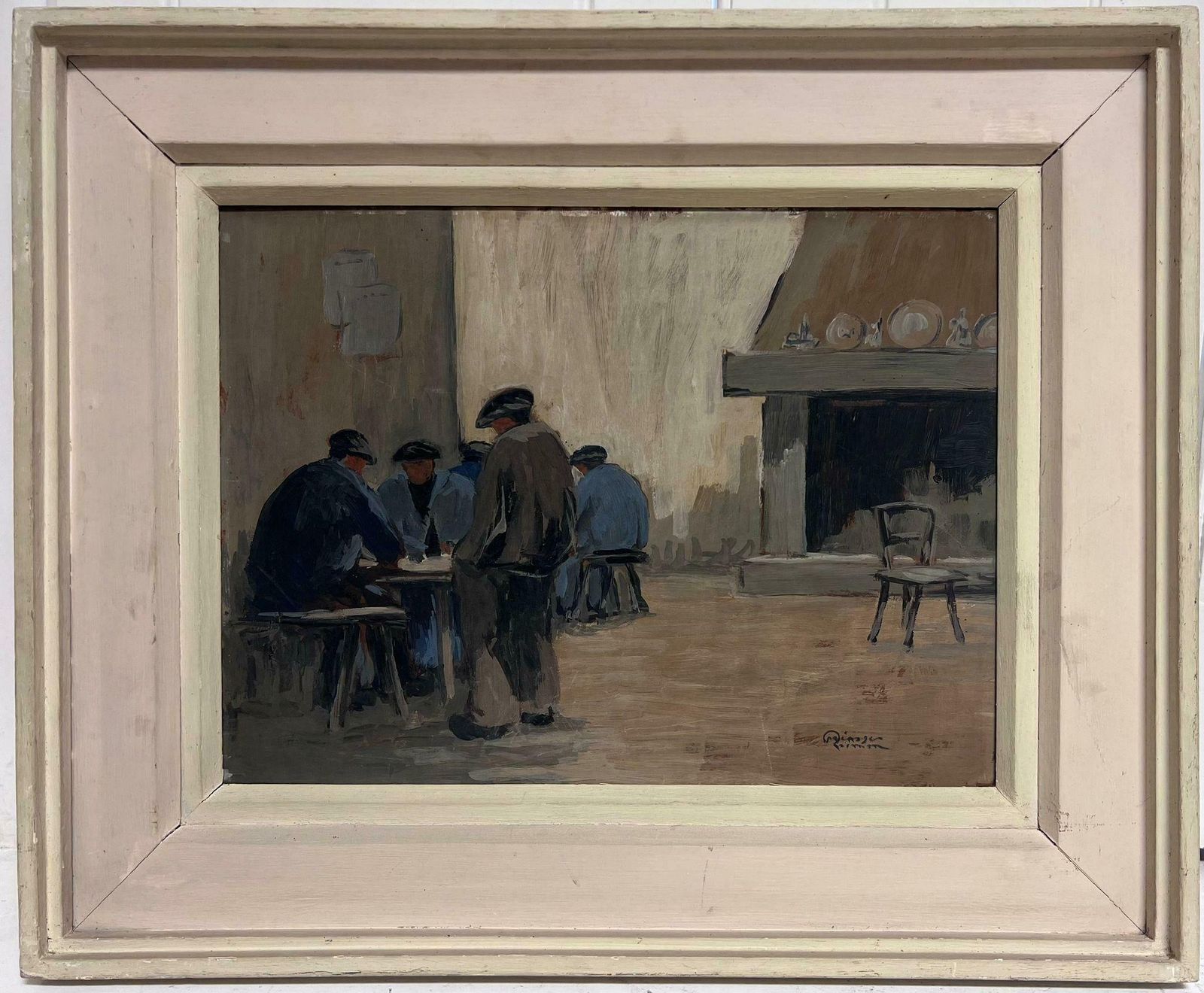 French School1960's French Modernist Oil Bar Tavern Interior Men Hunched Over Tables