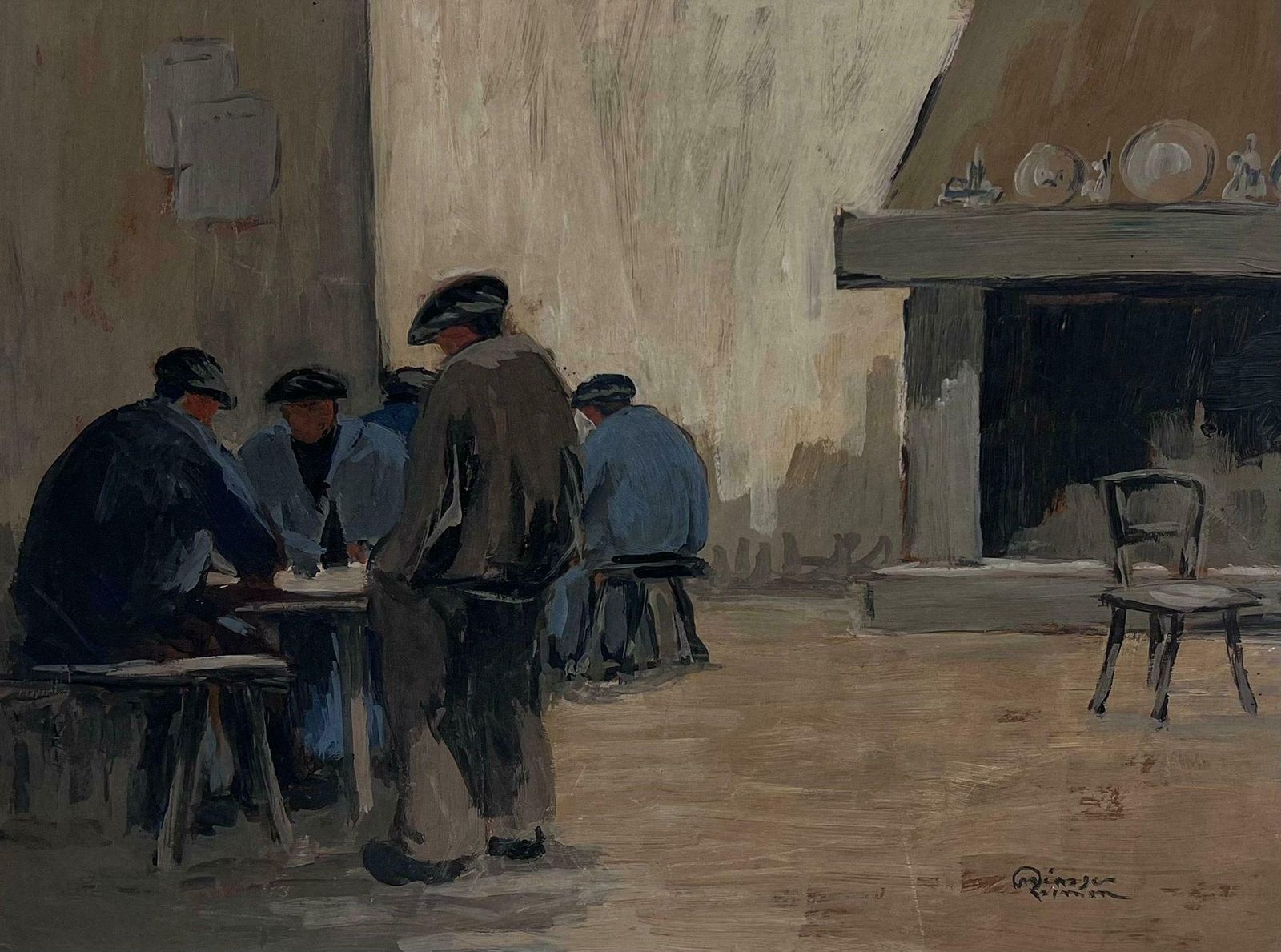 French School1960's French Modernist Oil Bar Tavern Interior Men Hunched Over Tables photo furniture