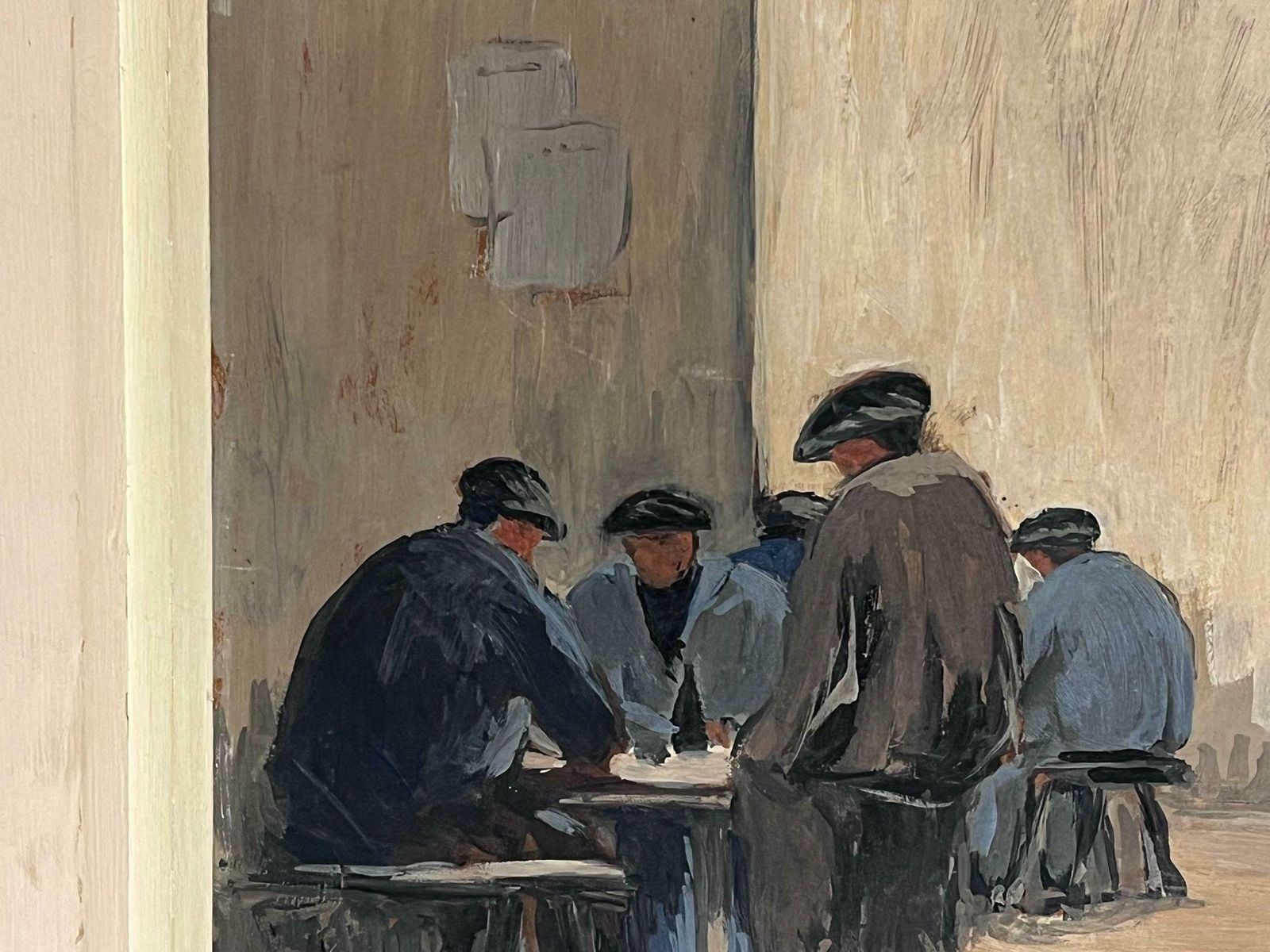 French School1960's French Modernist Oil Bar Tavern Interior Men Hunched Over Tables photo vinterior