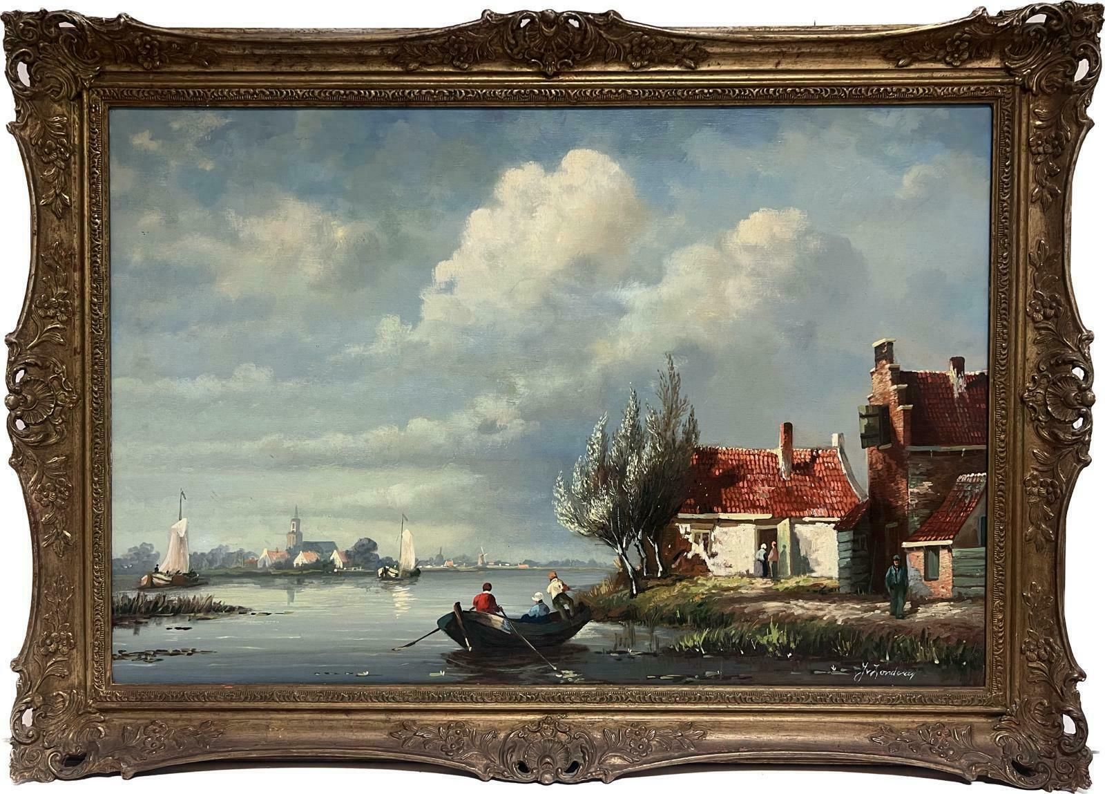 Dutch Schoollarge Traditional Dutch River Landscape With Old Town & Houses Signed Oil