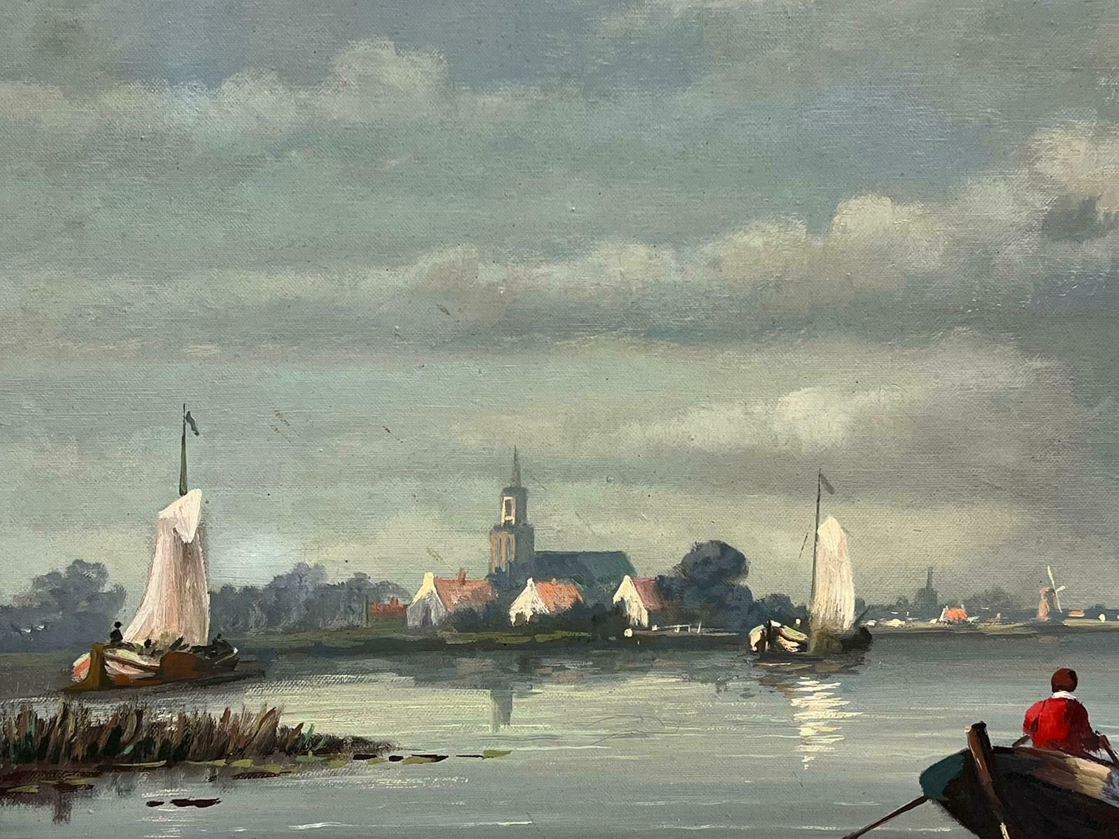 Dutch Schoollarge Traditional Dutch River Landscape With Old Town & Houses Signed Oil photo Art