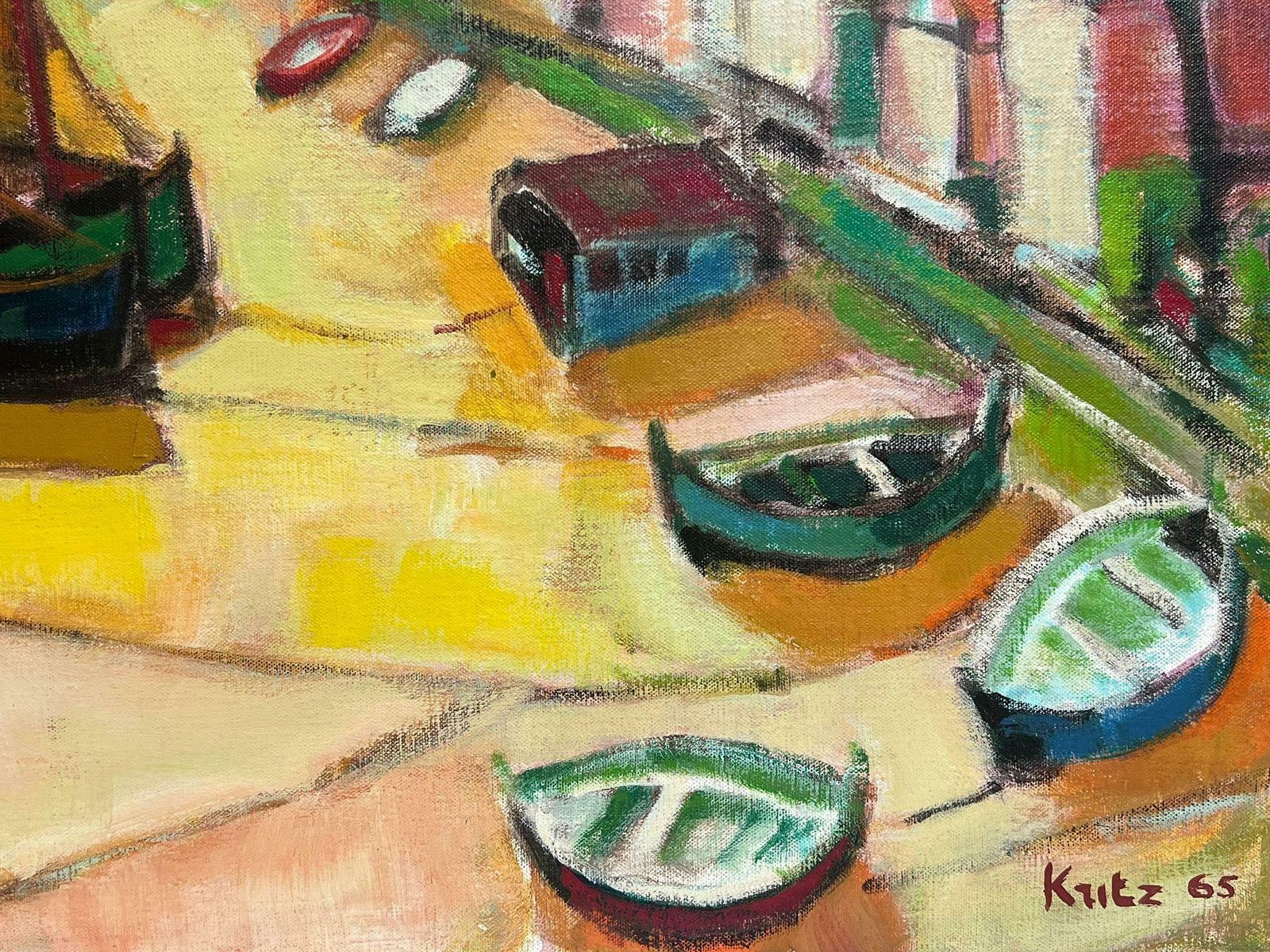 Michel Kritzhuge 1960's French Cubist Modernist Signed Oil Painting Sunny Med Beach Scene photo 1991.0