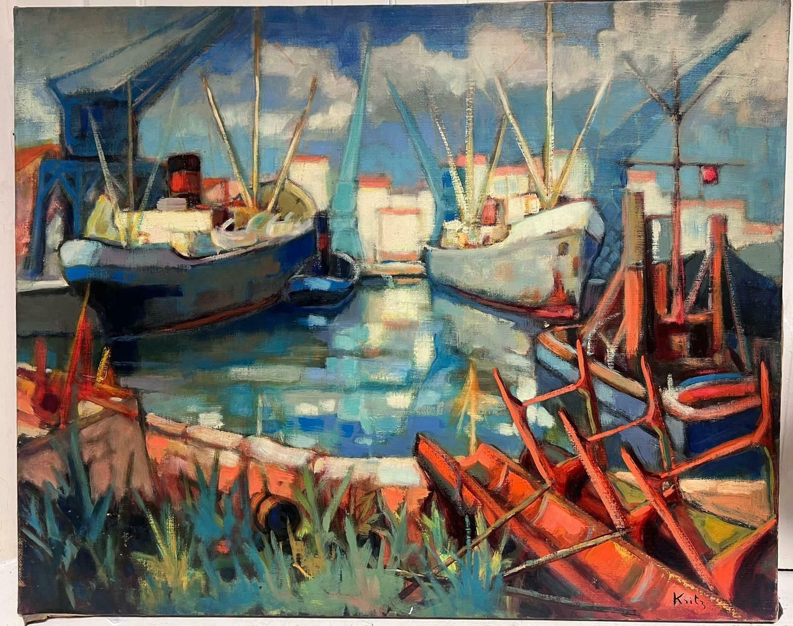 Michel Kritzhuge French Post Impressionist Signed 1960's Oil Painting Boats In Harbor photo furniture
