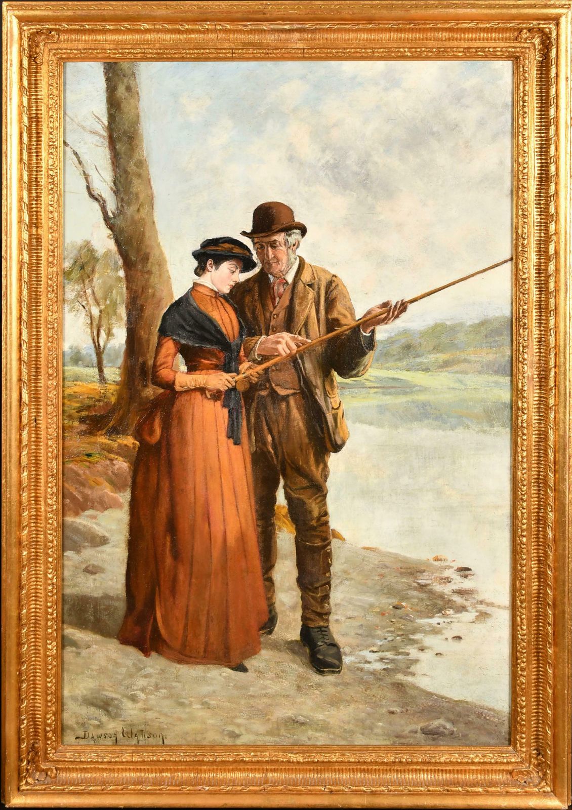 John Dawson Watson (1832 1892)large Victorian Oil Painting Young Lady Fishing Lesson Highland River Landscape