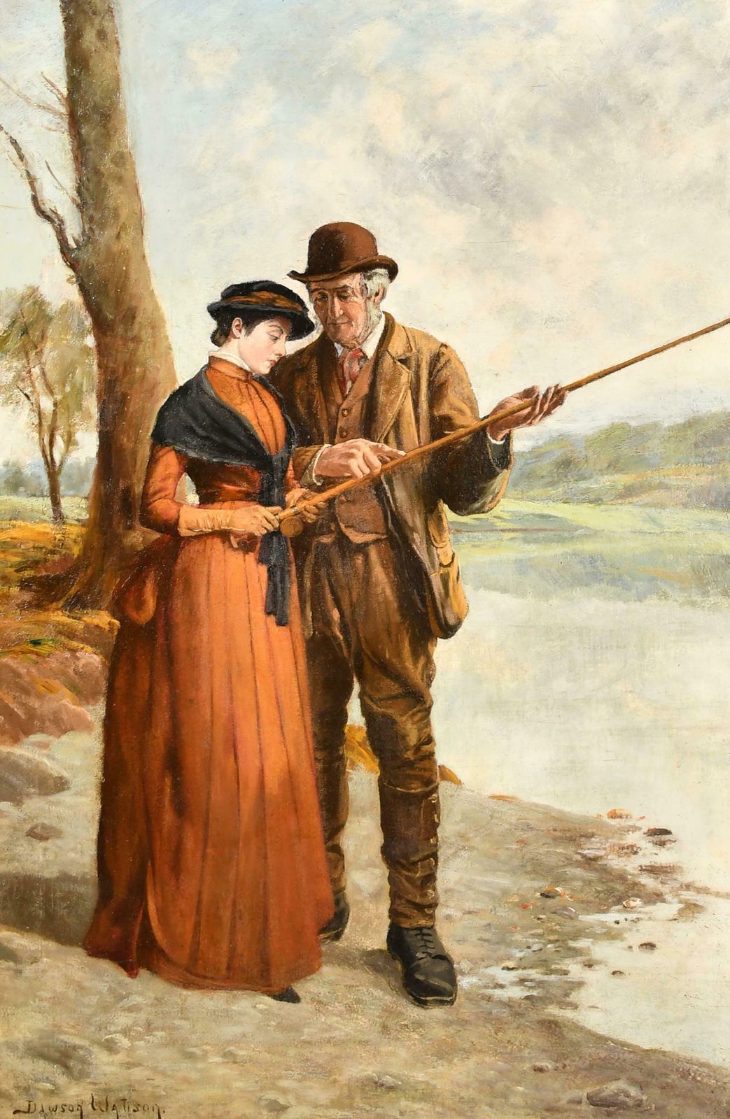 John Dawson Watson (1832 1892)large Victorian Oil Painting Young Lady Fishing Lesson Highland River Landscape photo furniture